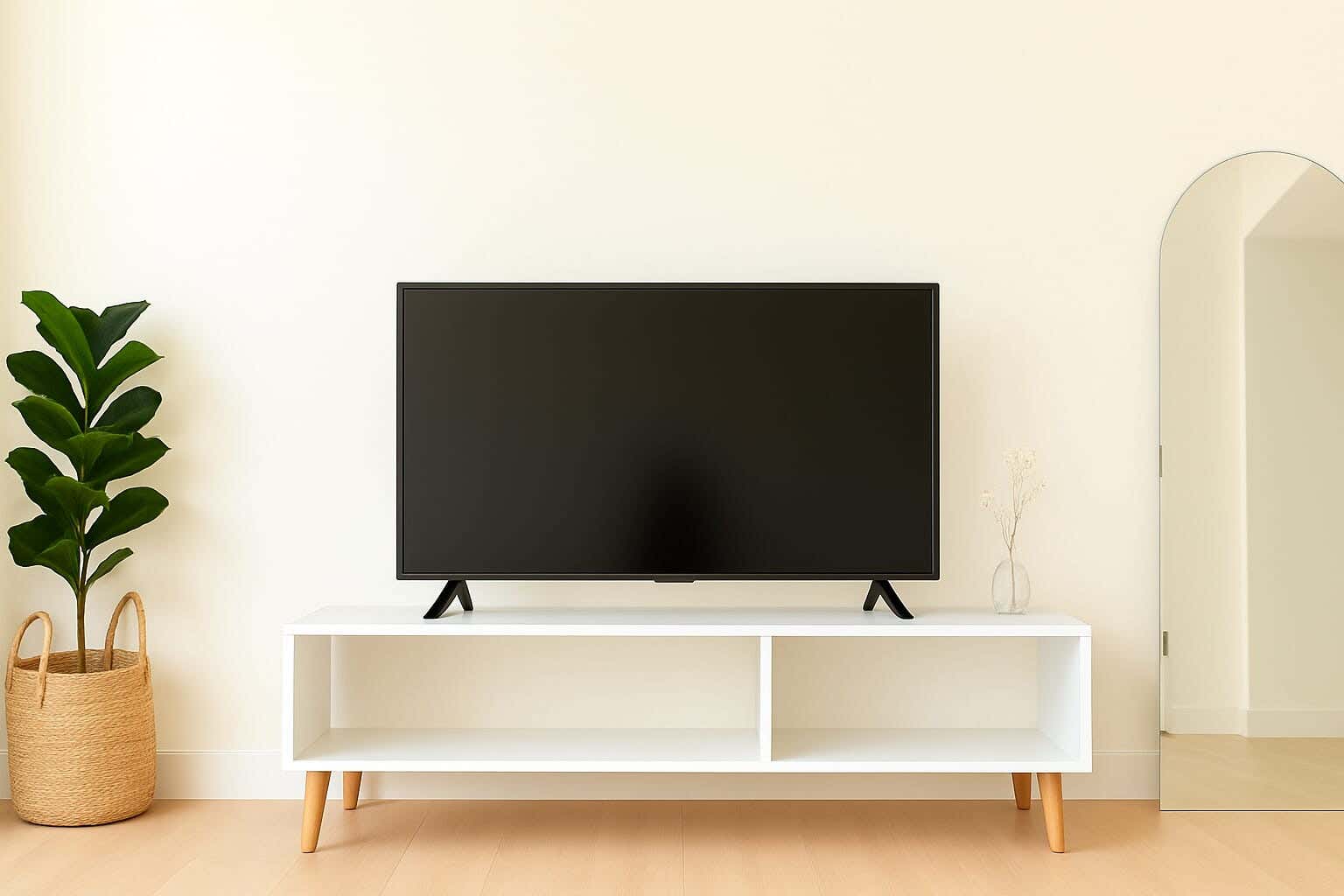 Chipboard Wood TV Table with Beech Wood Legs, 120×32×48 cm, 2 Side Shelves – Beige White