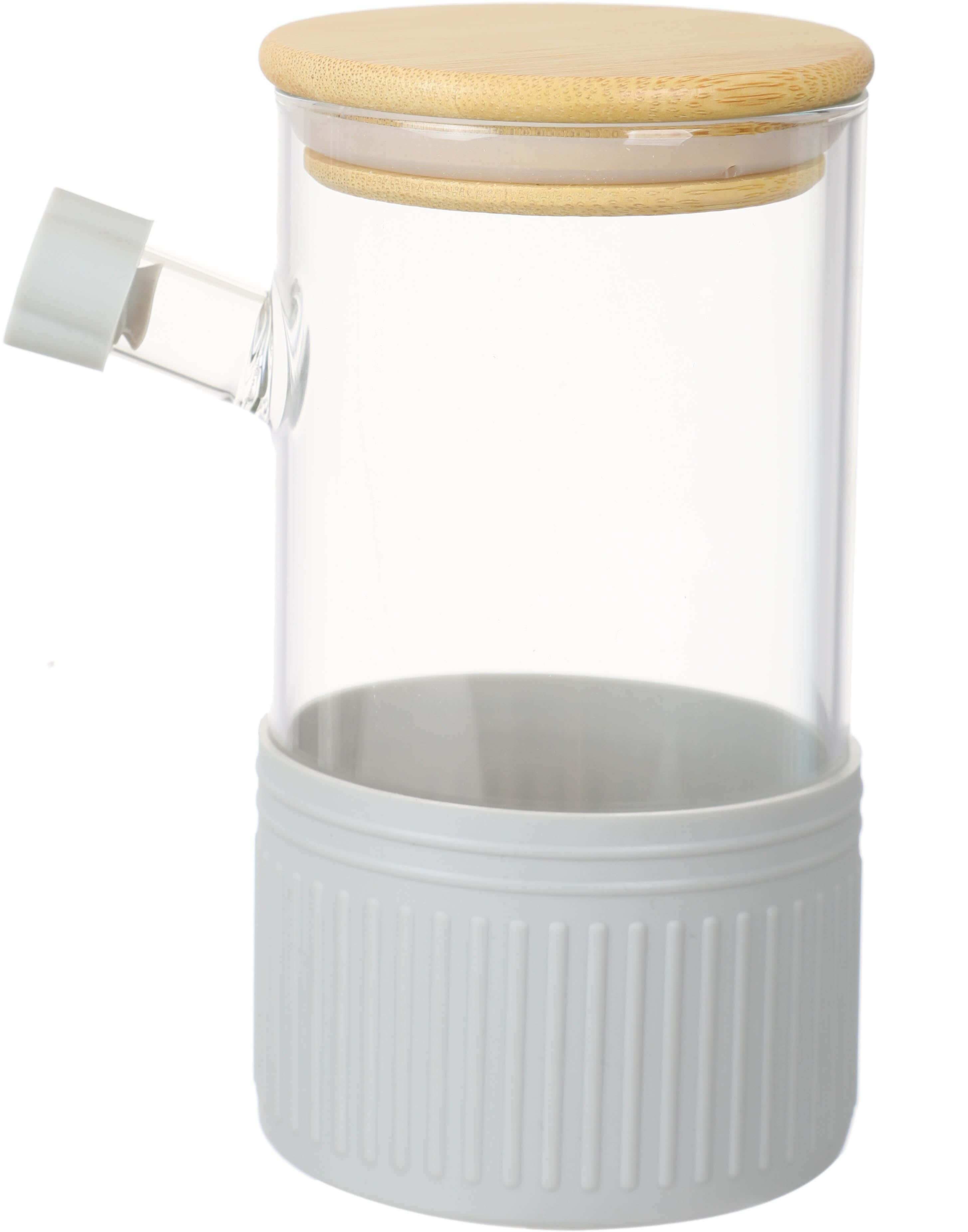 Olala Glass Oil Jar with Silicone Sleeve, Wood Lid, 16 cm - Clear Grey