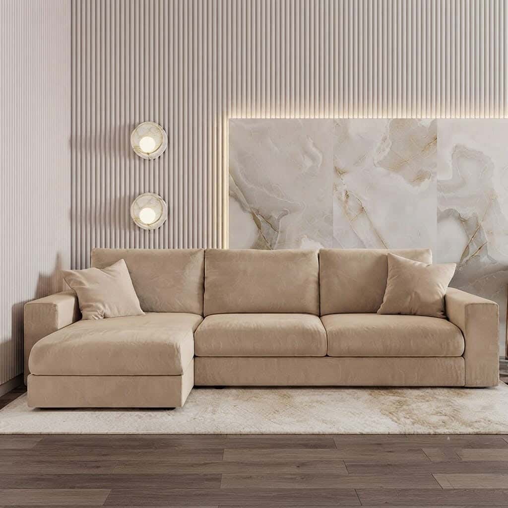 Corner sofa made of beech wood and velvet fabric, 150×280×80×80 cm - Beige