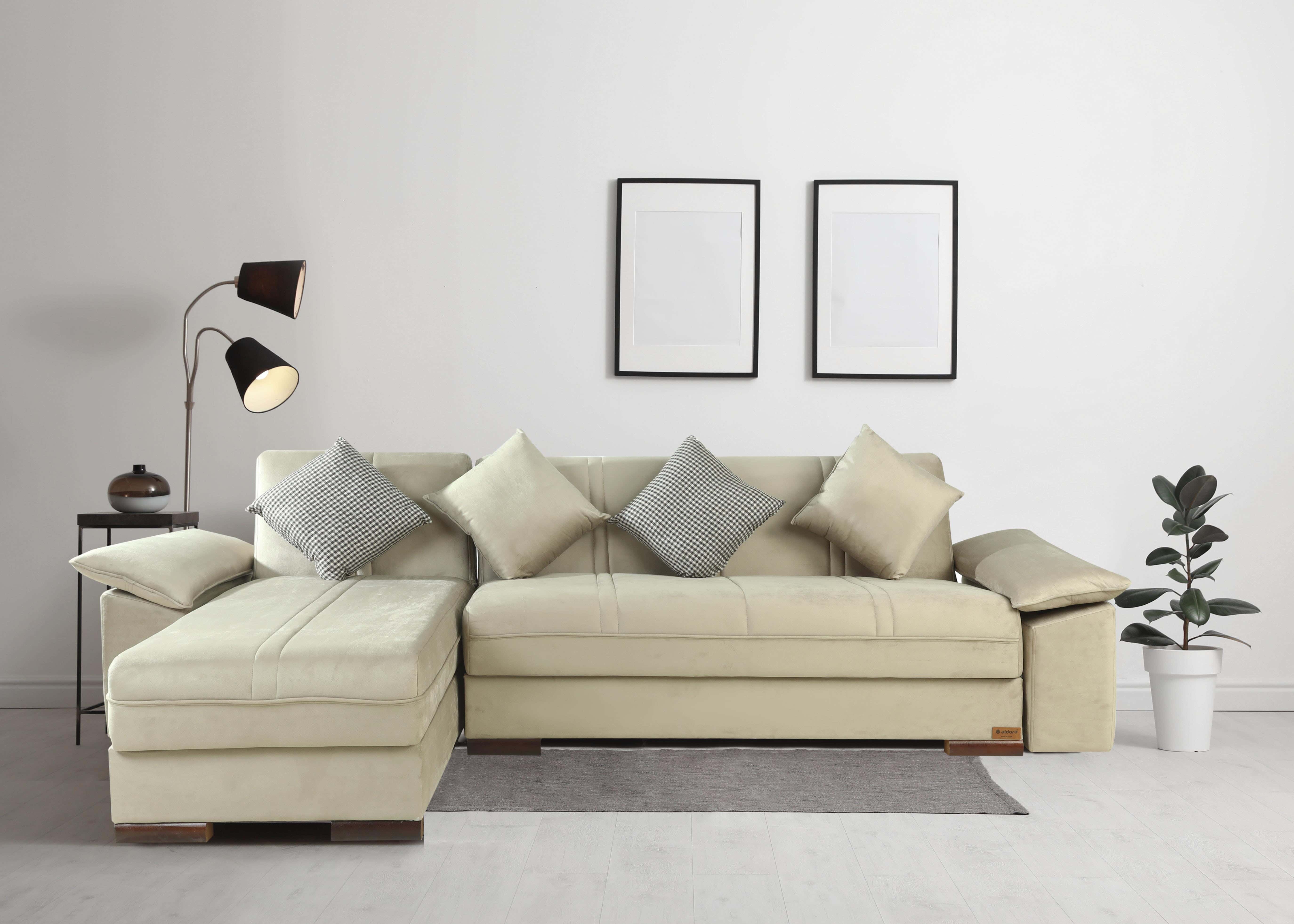 Miami Aldora L-Shaped Sofa Natural Wood, Velvet Fabric, 2 Seats, Chaise Longue, 2 Pieces, 4 Pillows, 277X73X76 Cm - Beige