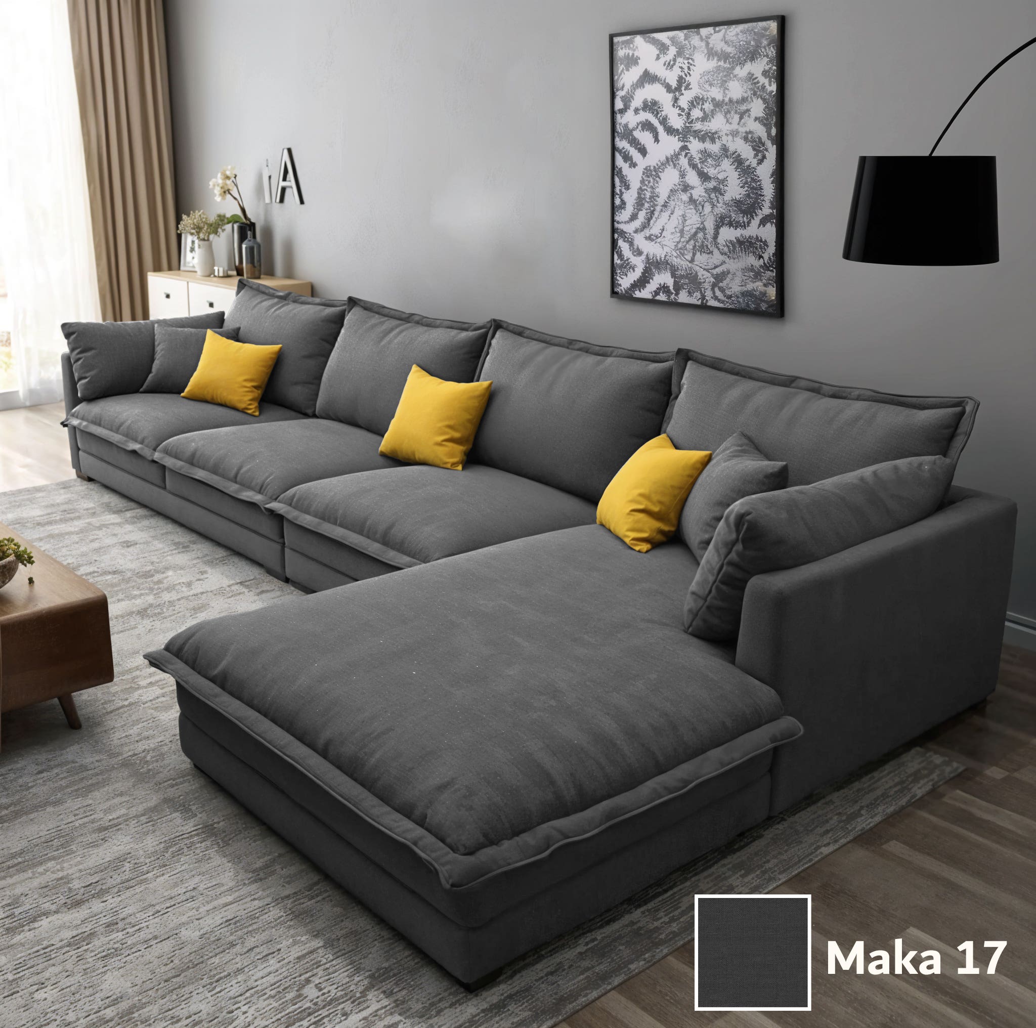Two-piece L-shaped corner sofa, made of Mosky wood, linen fabric, 300x200x80x70 cm - Black
