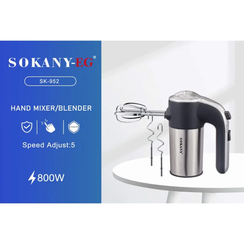 Sokany LH-952 Egg Beater and Kneader, 5 Speeds + Turbo, 800 Watt- Black Silver