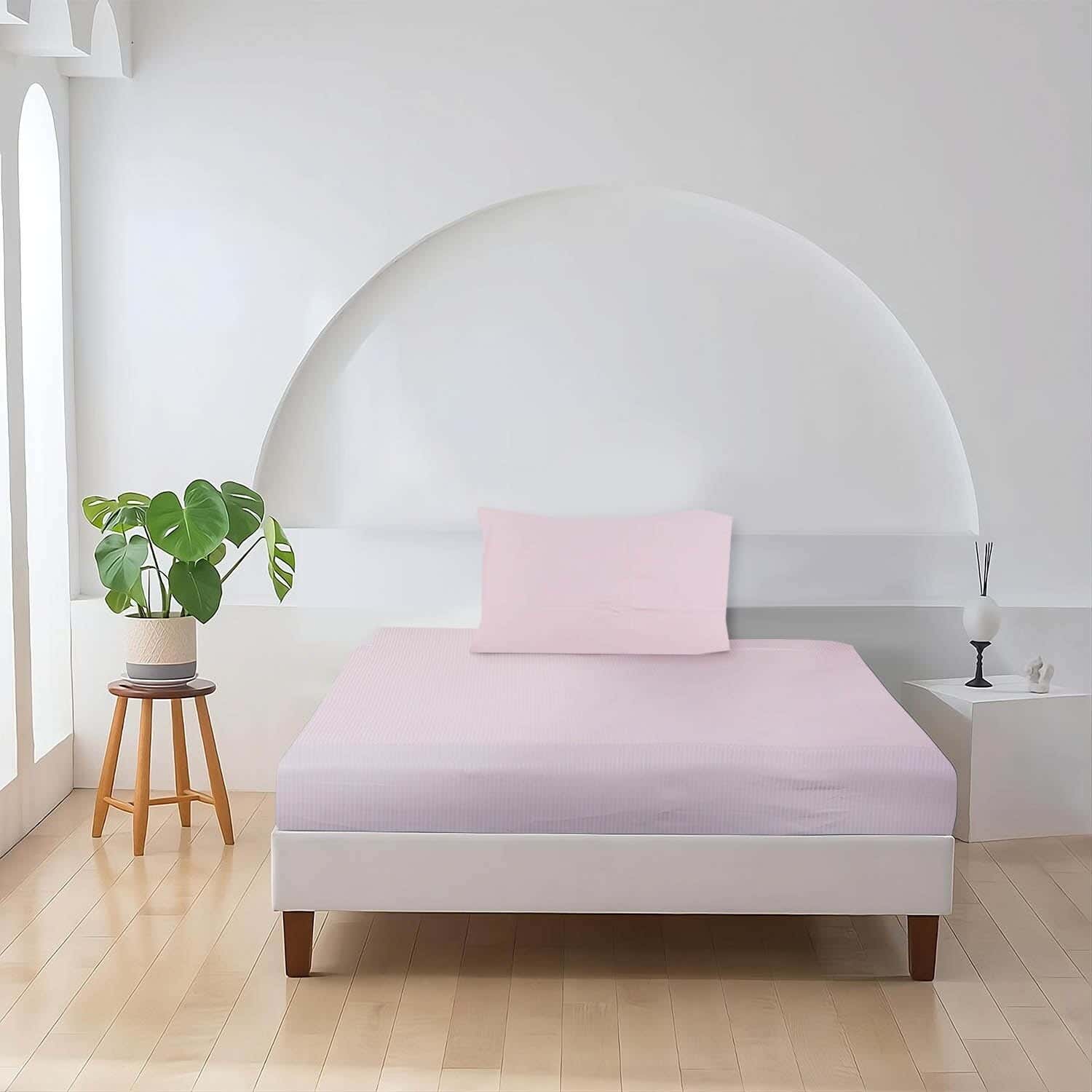 Mahalla Cotton Striped Bed Sheet Set With Elastic, 2 Pieces, 120×200 cm - Pink