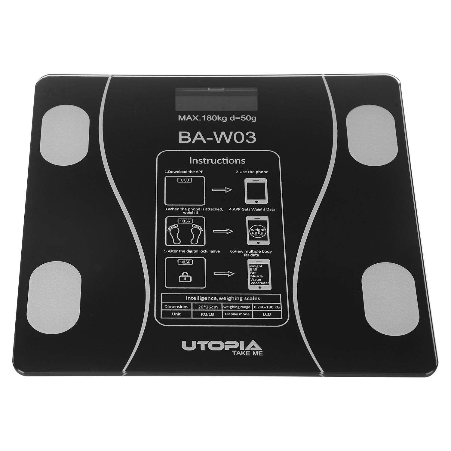Utopia Ba-W03 Glass Personal Scale, Digital, 180 Kg - Black