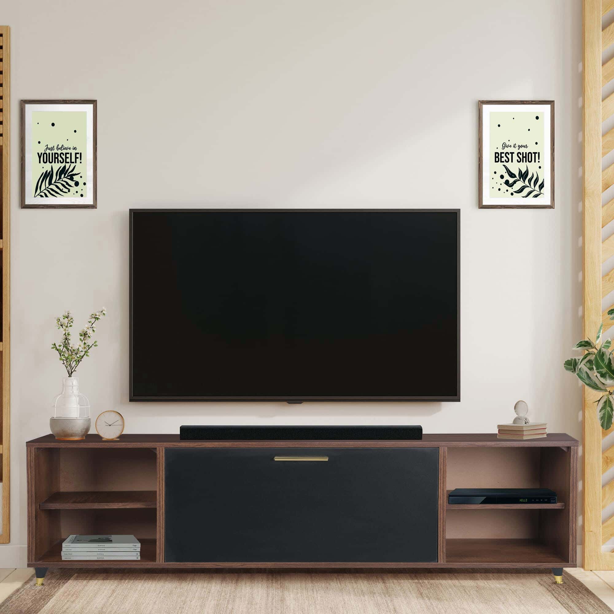 Wooden MDF TV table, 120×30 cm, height 50 cm, 1 door, 2 shelves - Brown Black