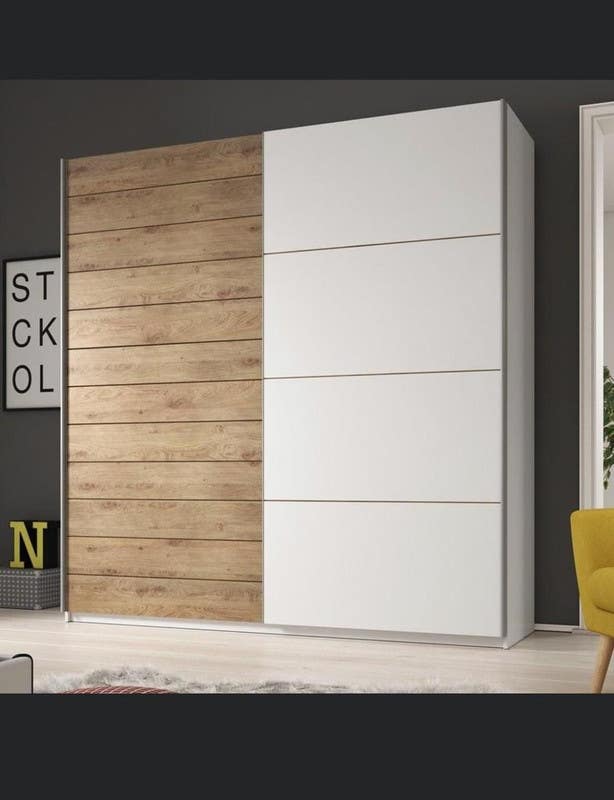 MDF Wood Wardrobe with Sliding Doors, 160x60x200 Cm - White Brown