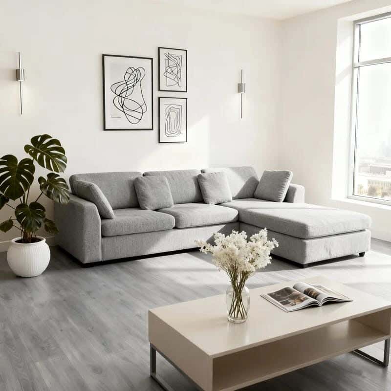 Corner sofa made of beech wood and velvet fabric, 200×300×80×80 cm - Light Gray