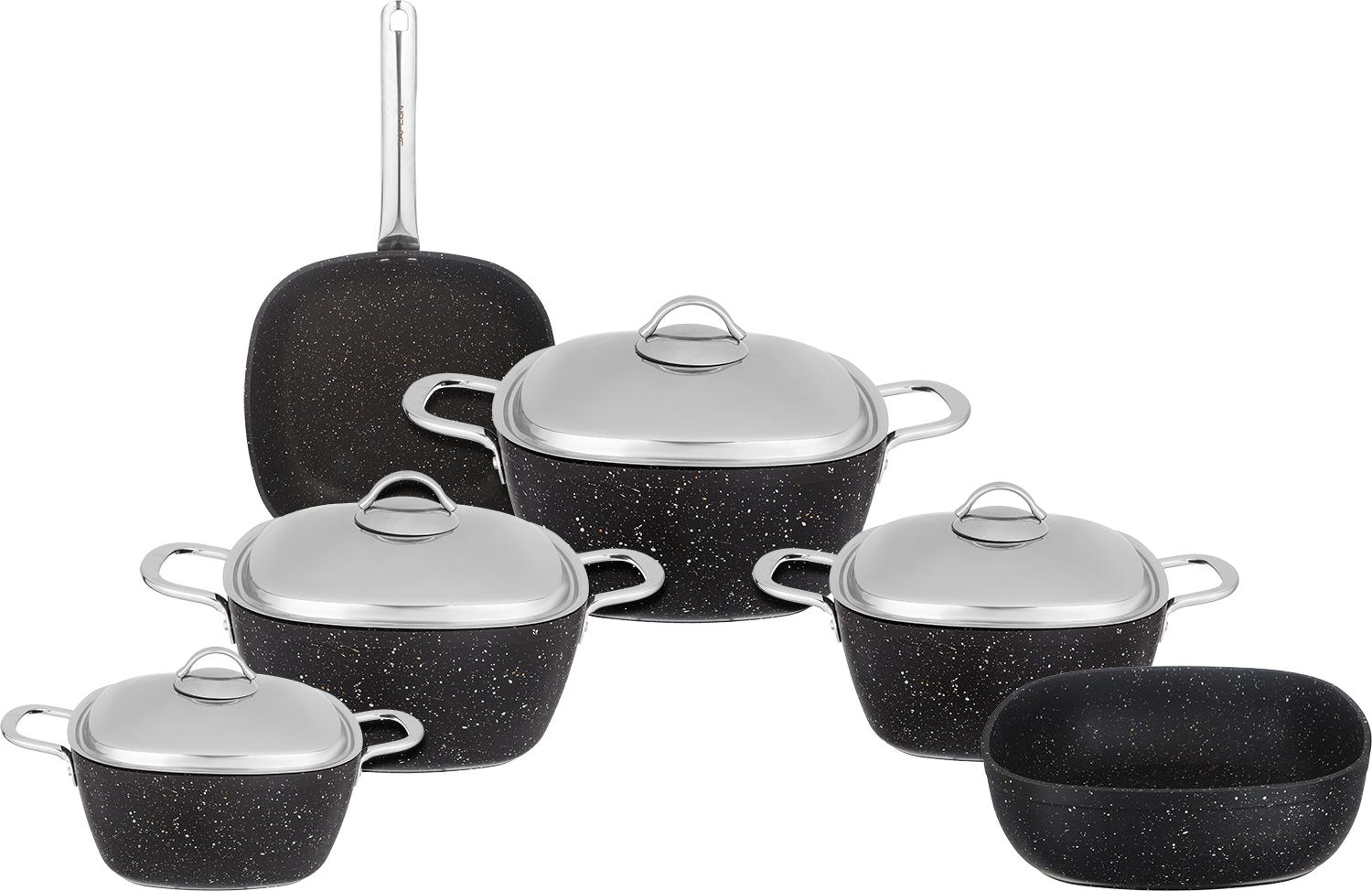 Saflon Square Turkish Granite Pot Set, Stainless Steel Handles, 10 Pieces - Black