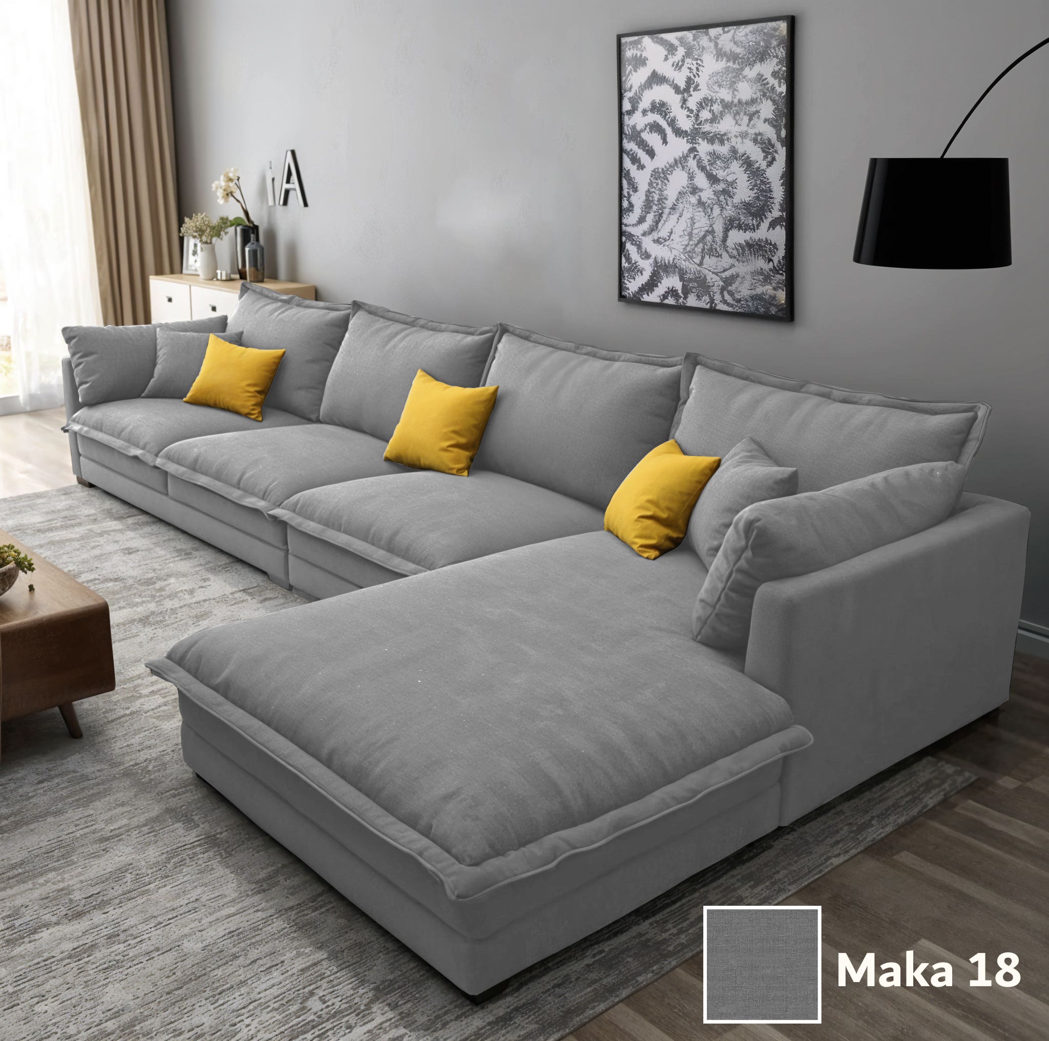 Two-piece L-shaped corner sofa, made of Mosky wood, and linen fabric, 300x200x80x70 cm - Dark Grey