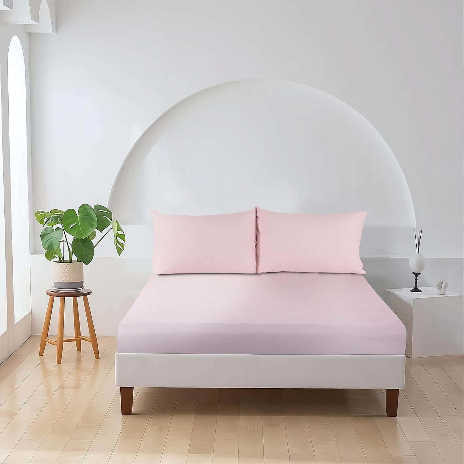 Mahalla Cotton Striped Bed Sheet Set With Elastic, 3 Pieces, 200×180 cm - Pink