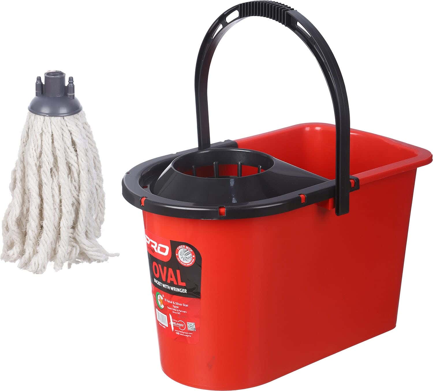 El Helal & Star Plastic Bucket With Wringer Oval, 20 Litres, Cotton Mop Gift - Black Red