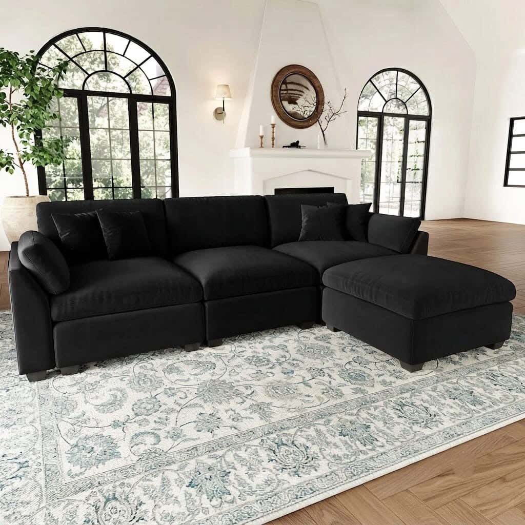 3-seater sofa, beech wood and velvet fabric with pouf, 240x80x80 cm - Black