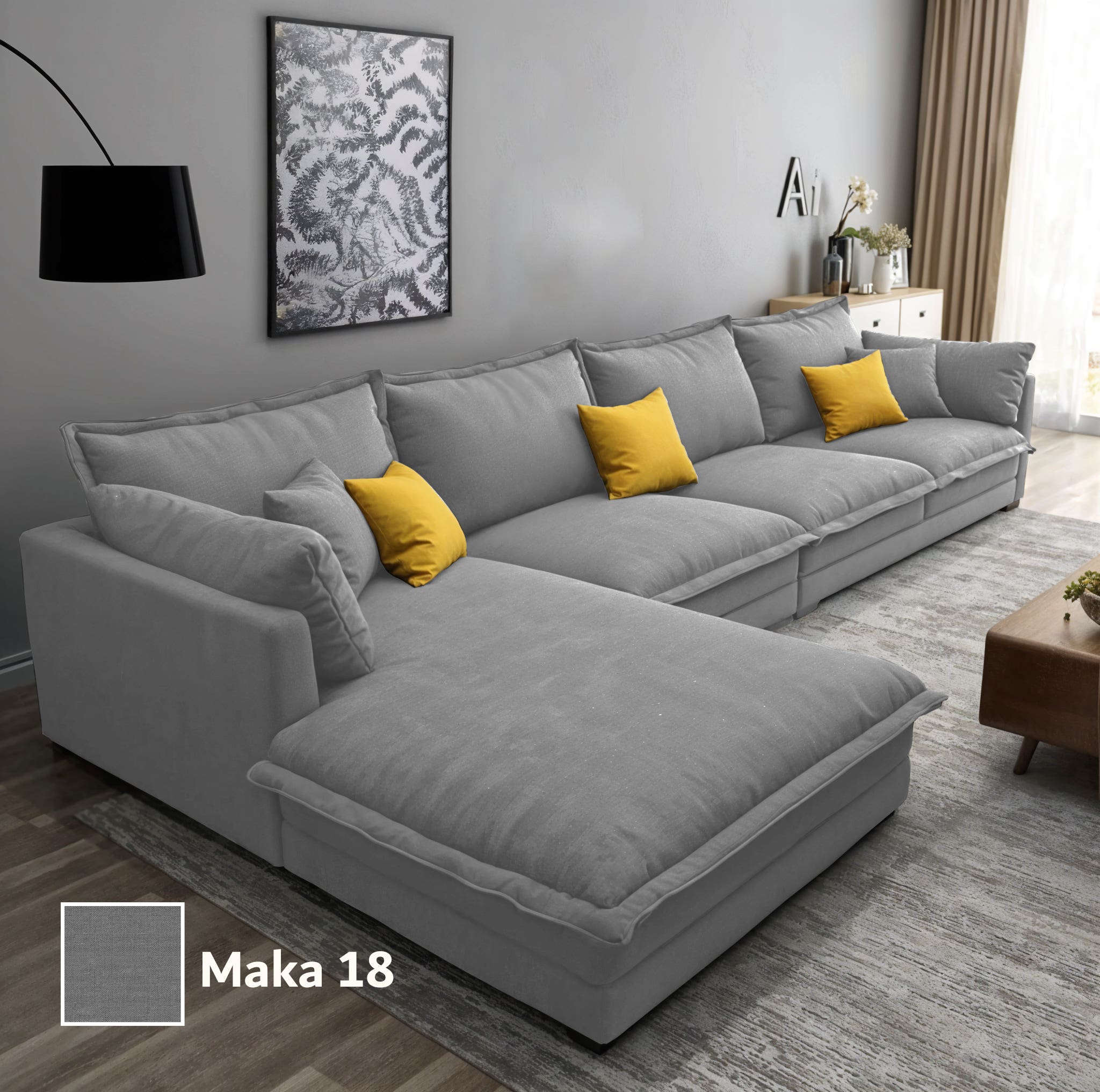 Two-piece L-shaped corner sofa, made of Mosky wood, and linen fabric, 300x200x80x70 cm - Dark Grey