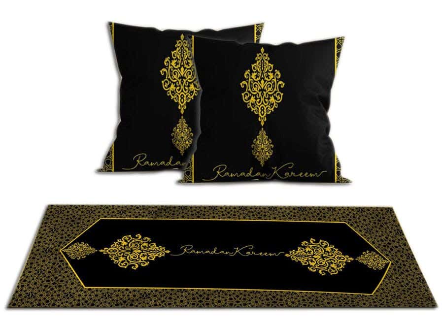 Velvet Runner Tablecloth Ramadan Pattern, With 2 Cushion Covers - Multicolor