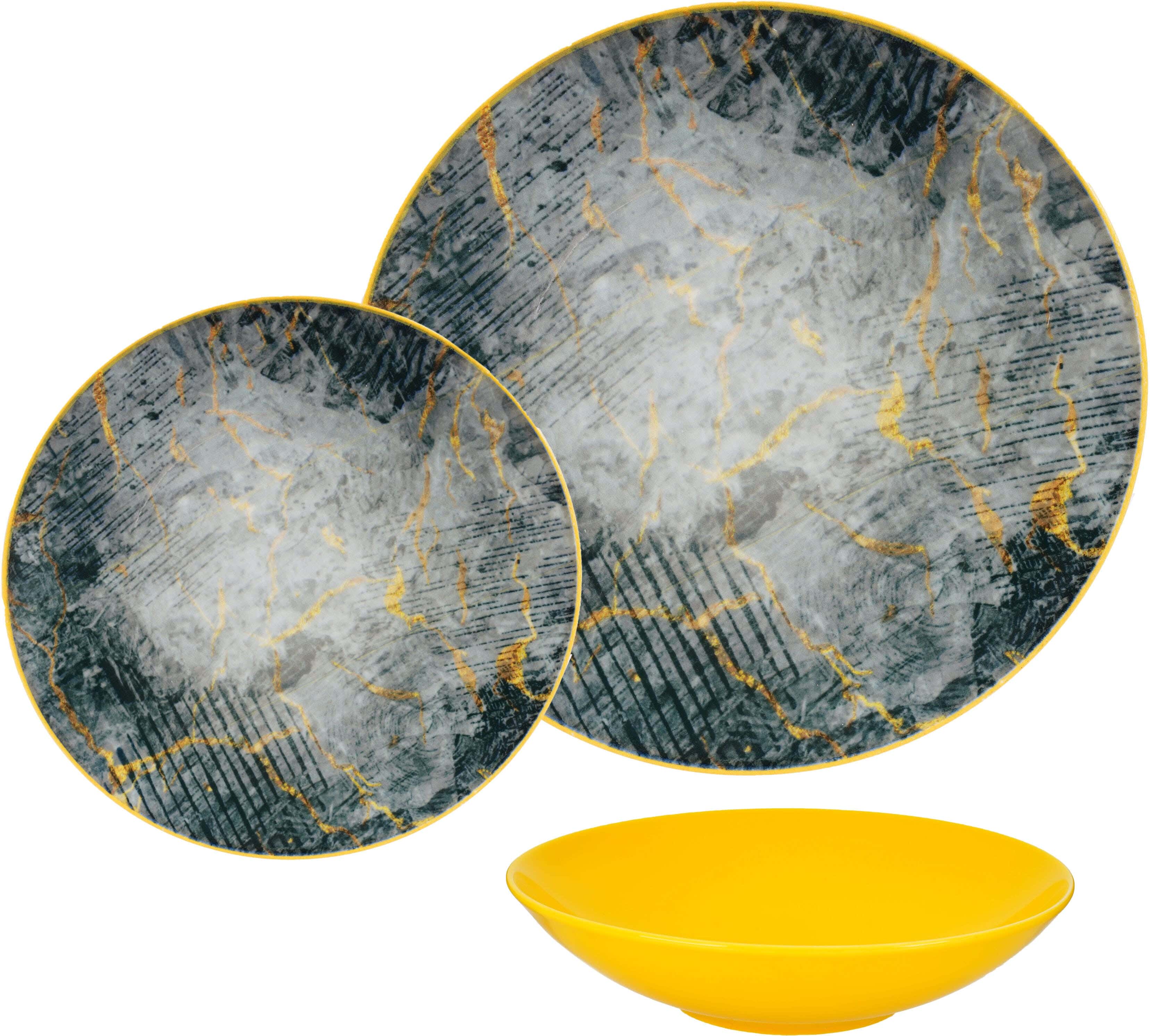 Lotus Porcelain Dinner Set, 18 Pieces - Dark Green Yellow
