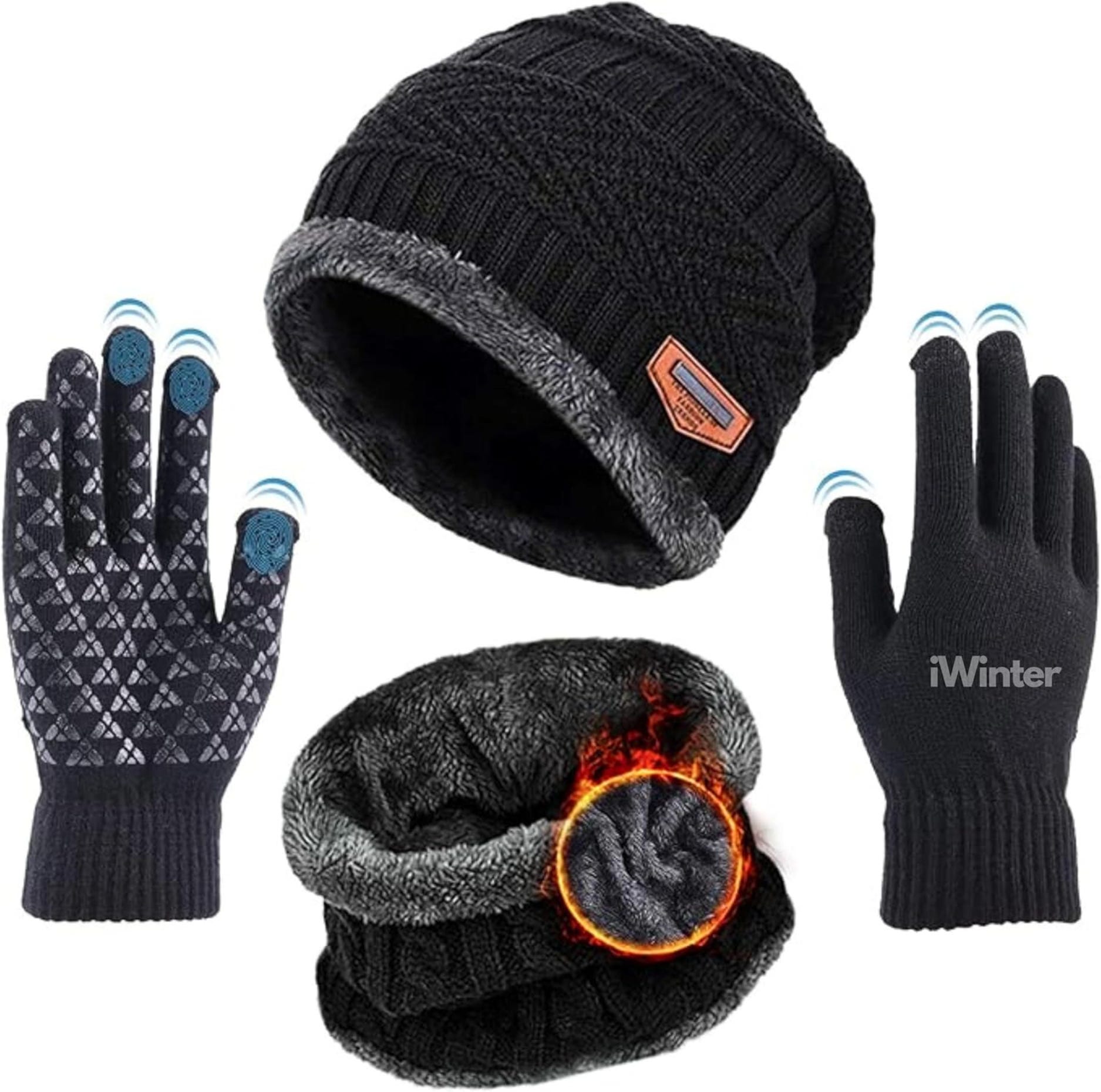 Sument Wool Beanie Hat With Neck Mufler And Hand Gloves Set - Black