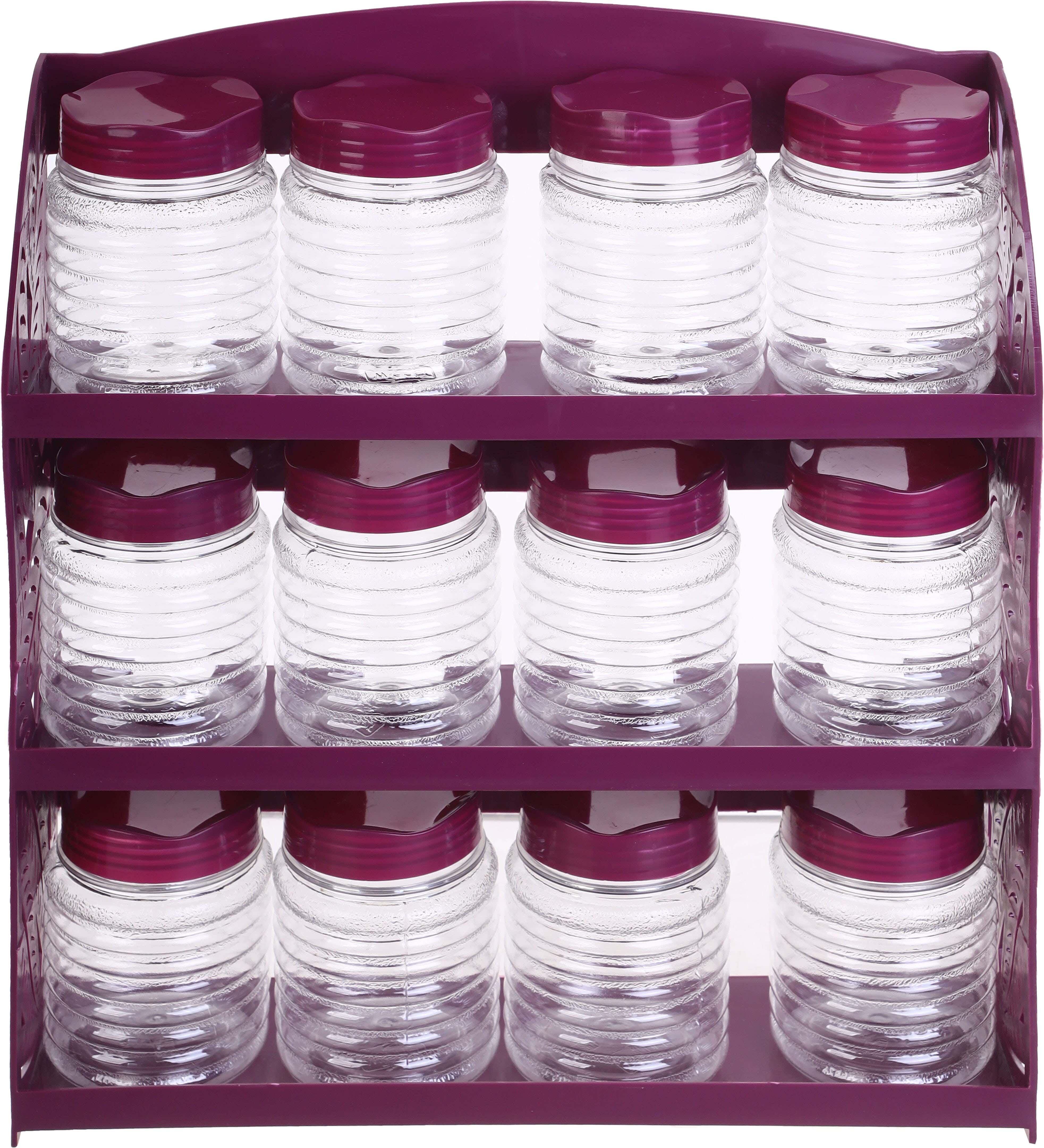 Winner Plast Plastic Spice Set, with Stand, 12 Pieces, 3 Levels - Dark Red Clear