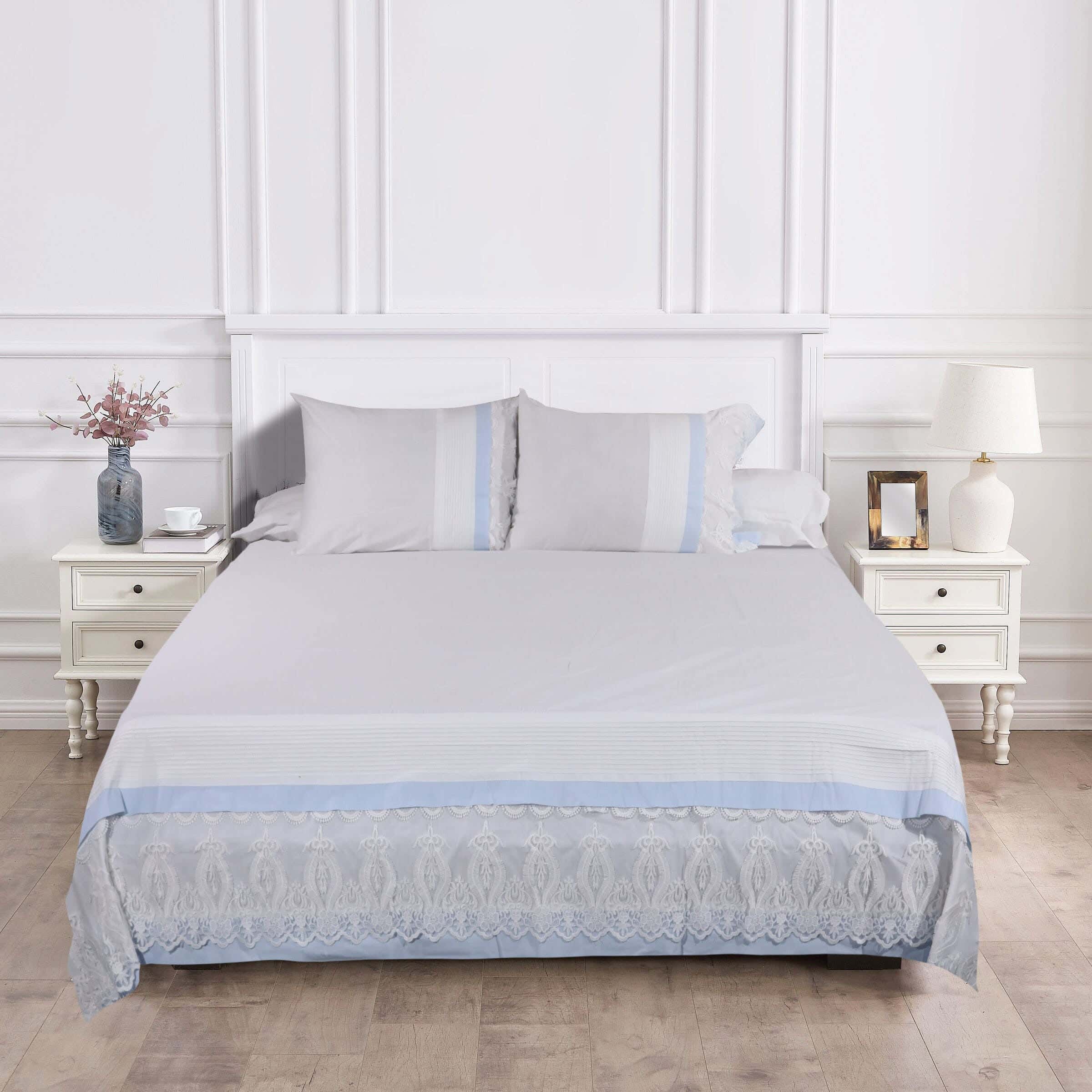 Altelawy Cotton Embroidered Bed Sheet Set, 4 Pieces, Approximately 270x240 cm, Approximately 2500 gm - White Blue