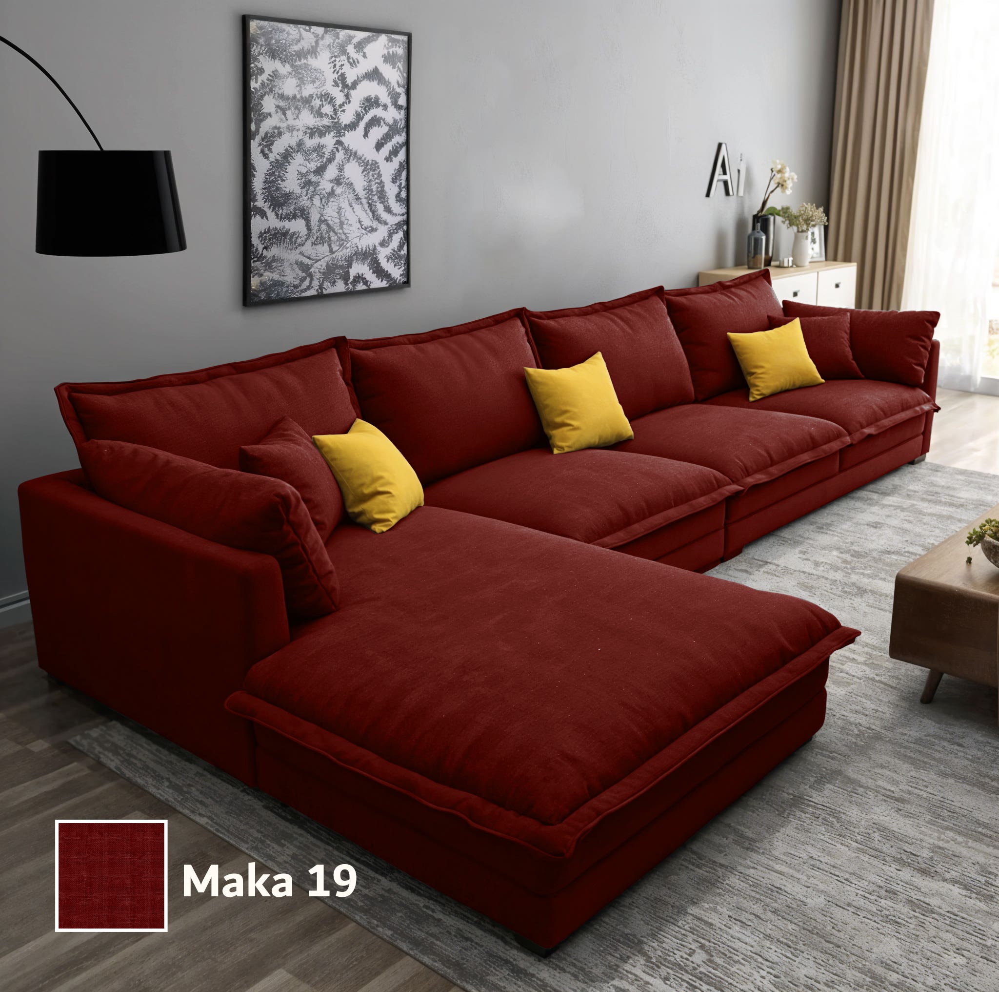Two-piece L-shaped corner sofa, made of Mosky wood, and linen fabric, 300x200x80x70 cm - Burgundy