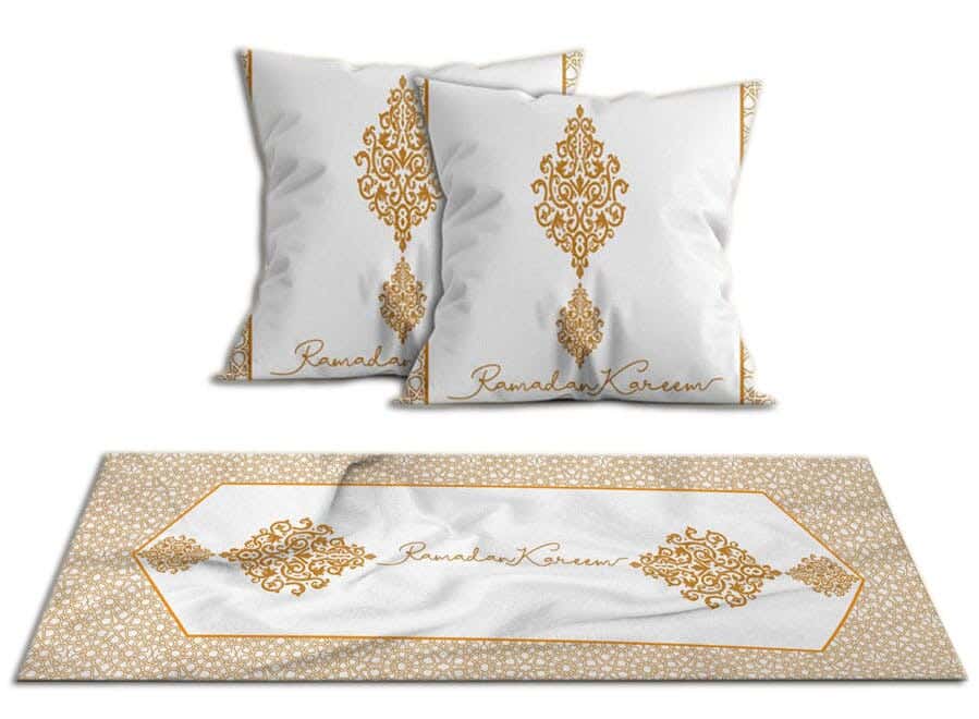Velvet Runner Tablecloth Ramadan Pattern, With 2 Cushion Covers - Multicolor