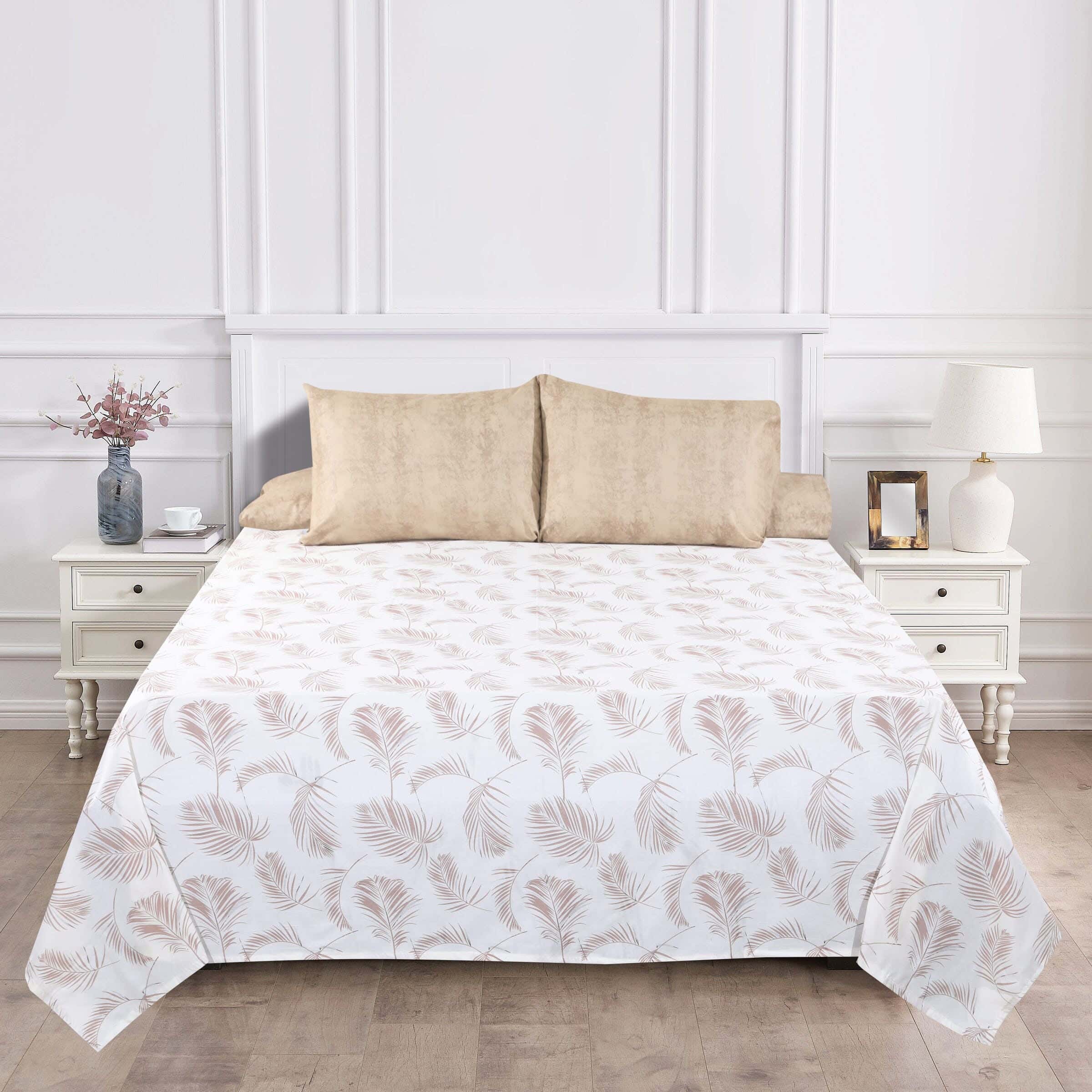 Keeva Cotton Bed Sheet Set, 4 Pieces, 240x260 cm, 1900 gm - White Beige