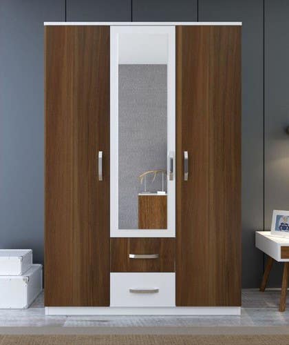 MDF Wood Wardrobe with Drawers, 120x50x210 Cm - White Brown