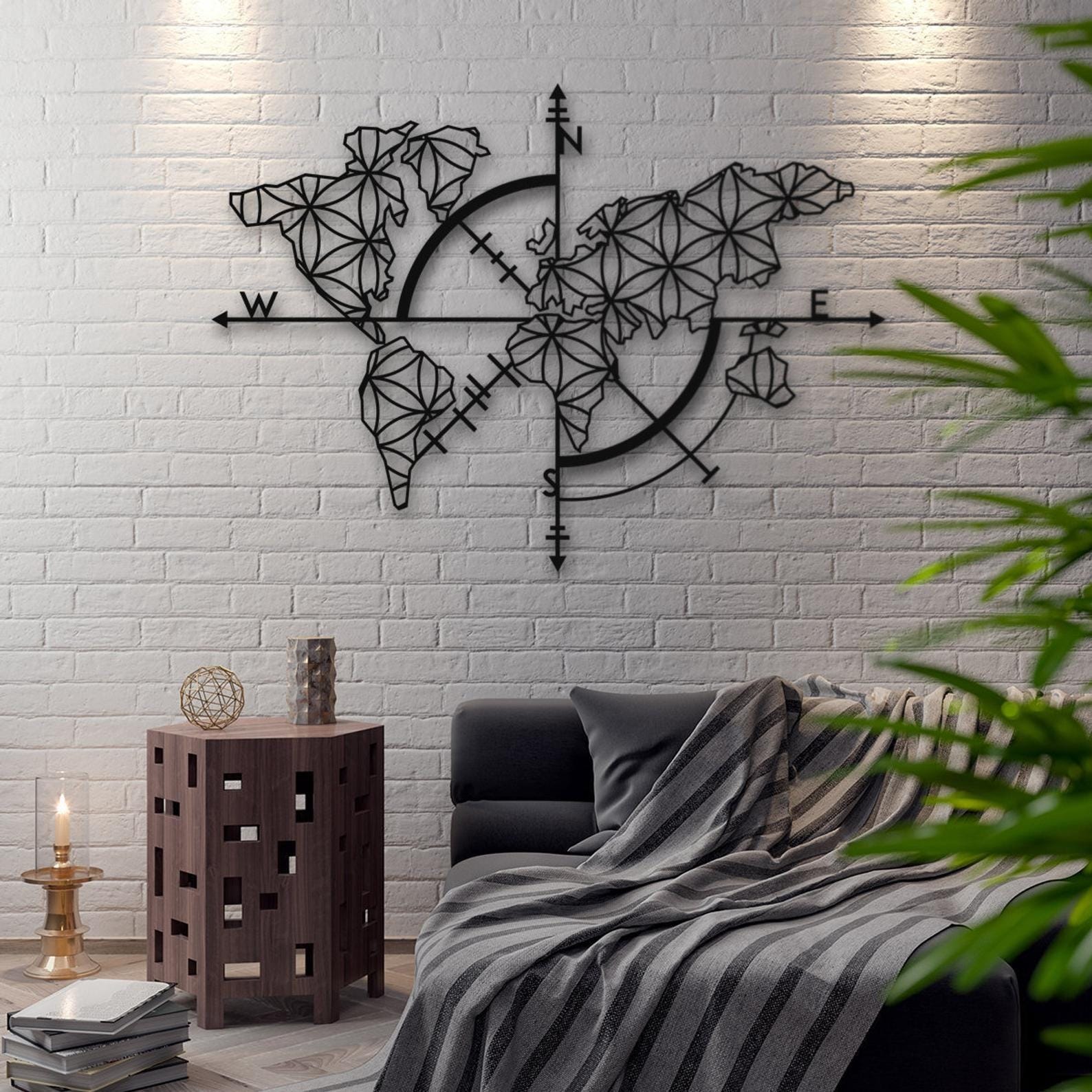 MDF World Map With Compass Wall Hanging Decor, 110X79X0.5 Cm - Black