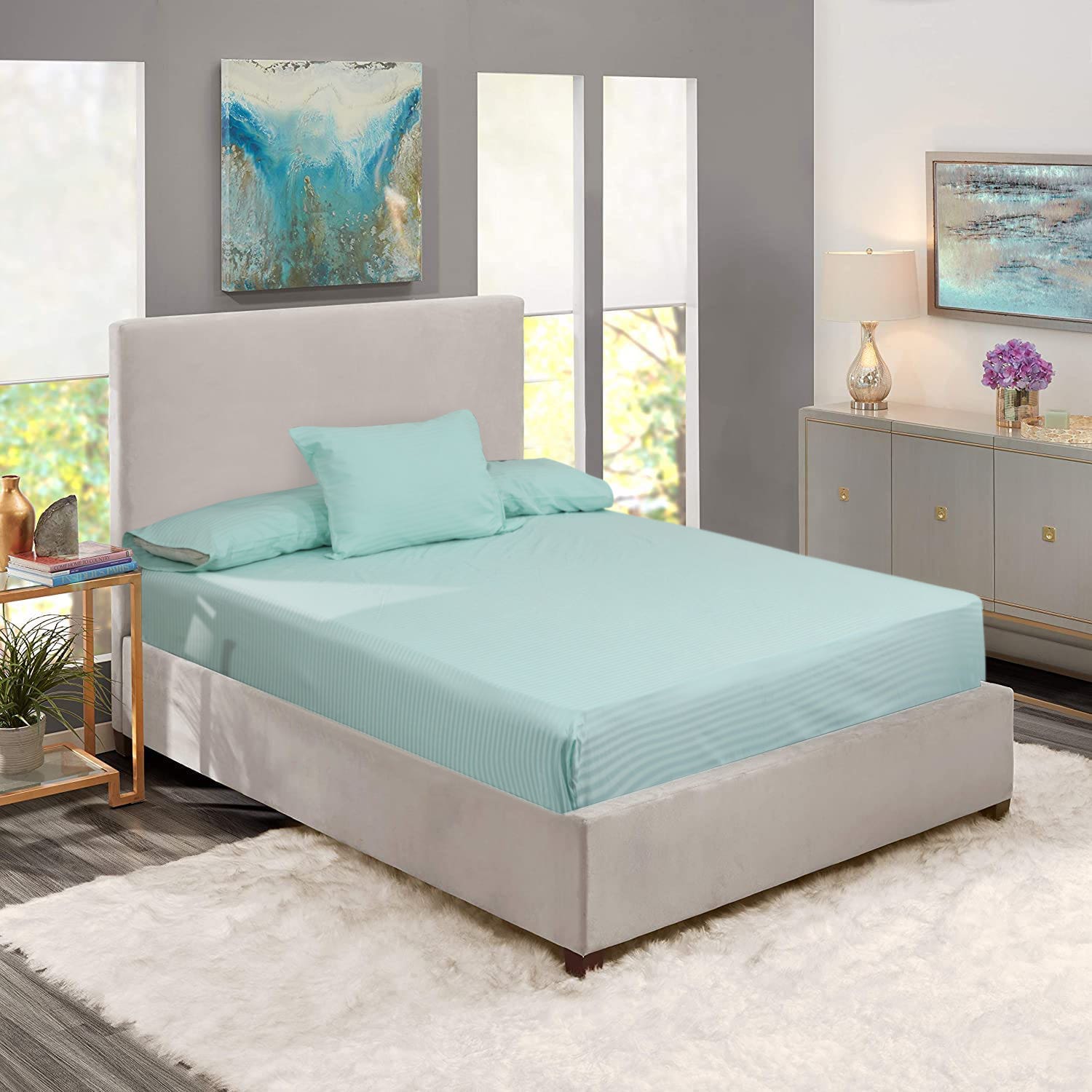 Besan Lotus Kids Striped Cotton Bedsheet Set, 6 Pieces - Turquoise