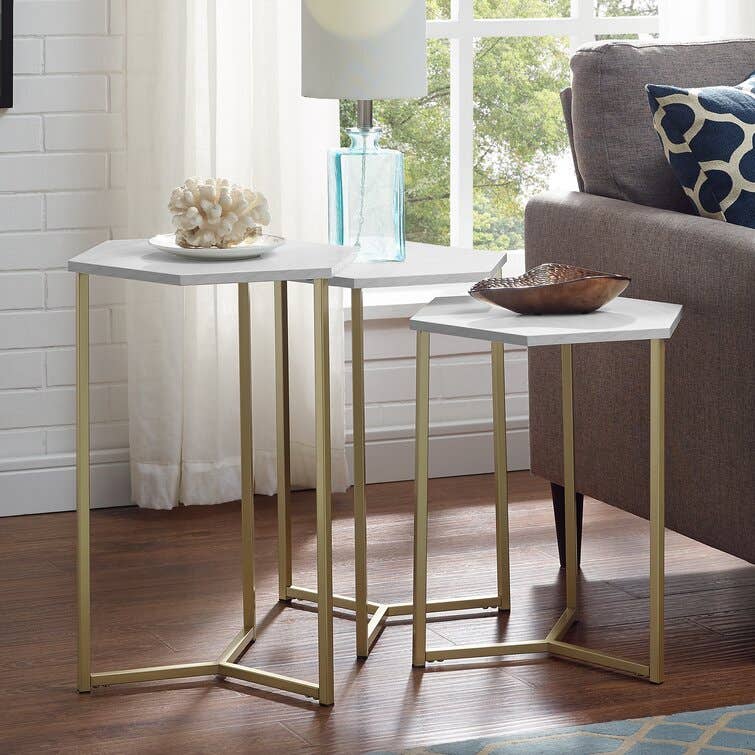 Steel Side Table Set, 3 Pieces, Hexagonal shape - White Gold