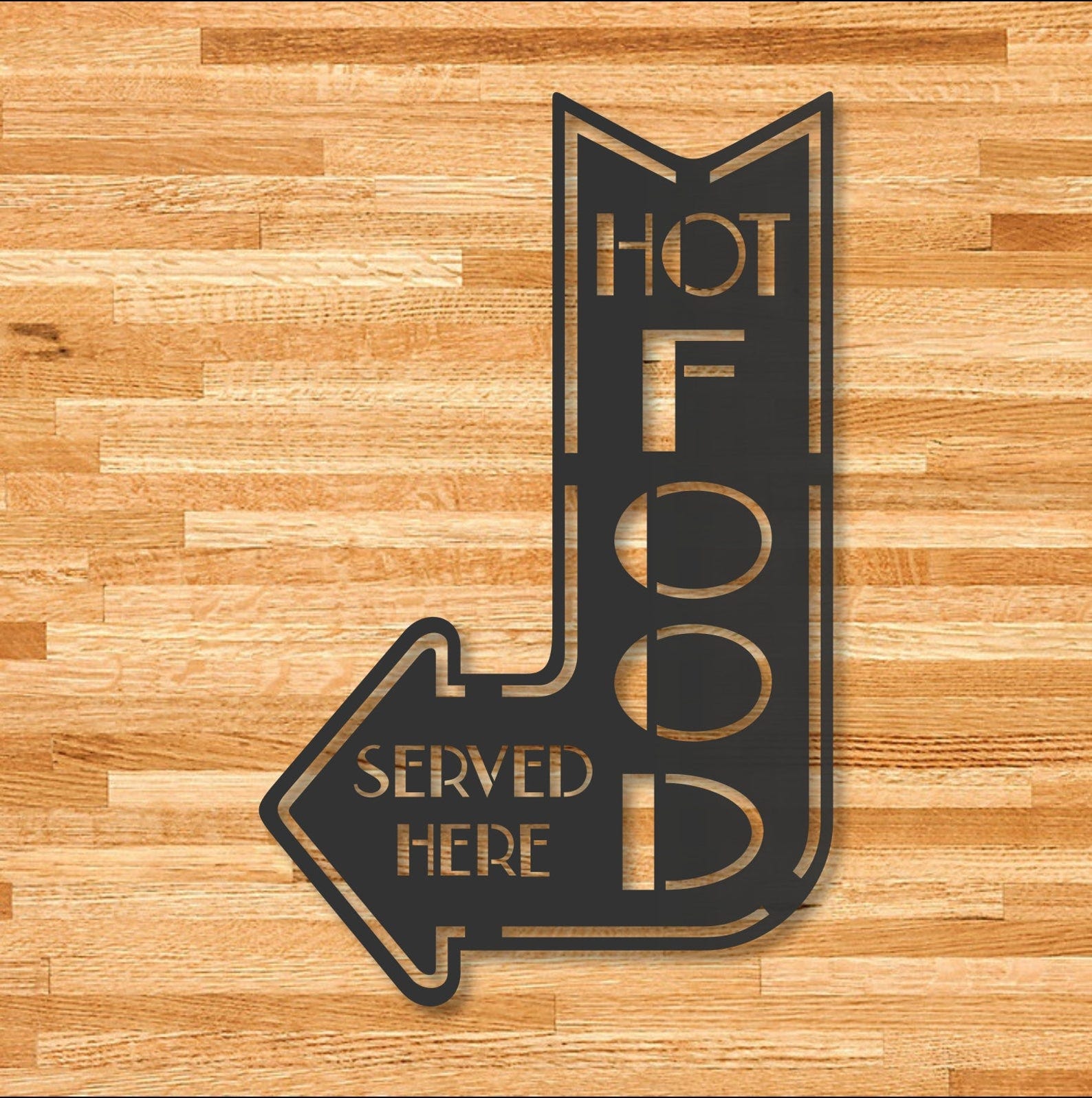 MDF Hot Food Served Here Arrow Sign Wall Sign Art, 100X61X0.5 Cm - Black