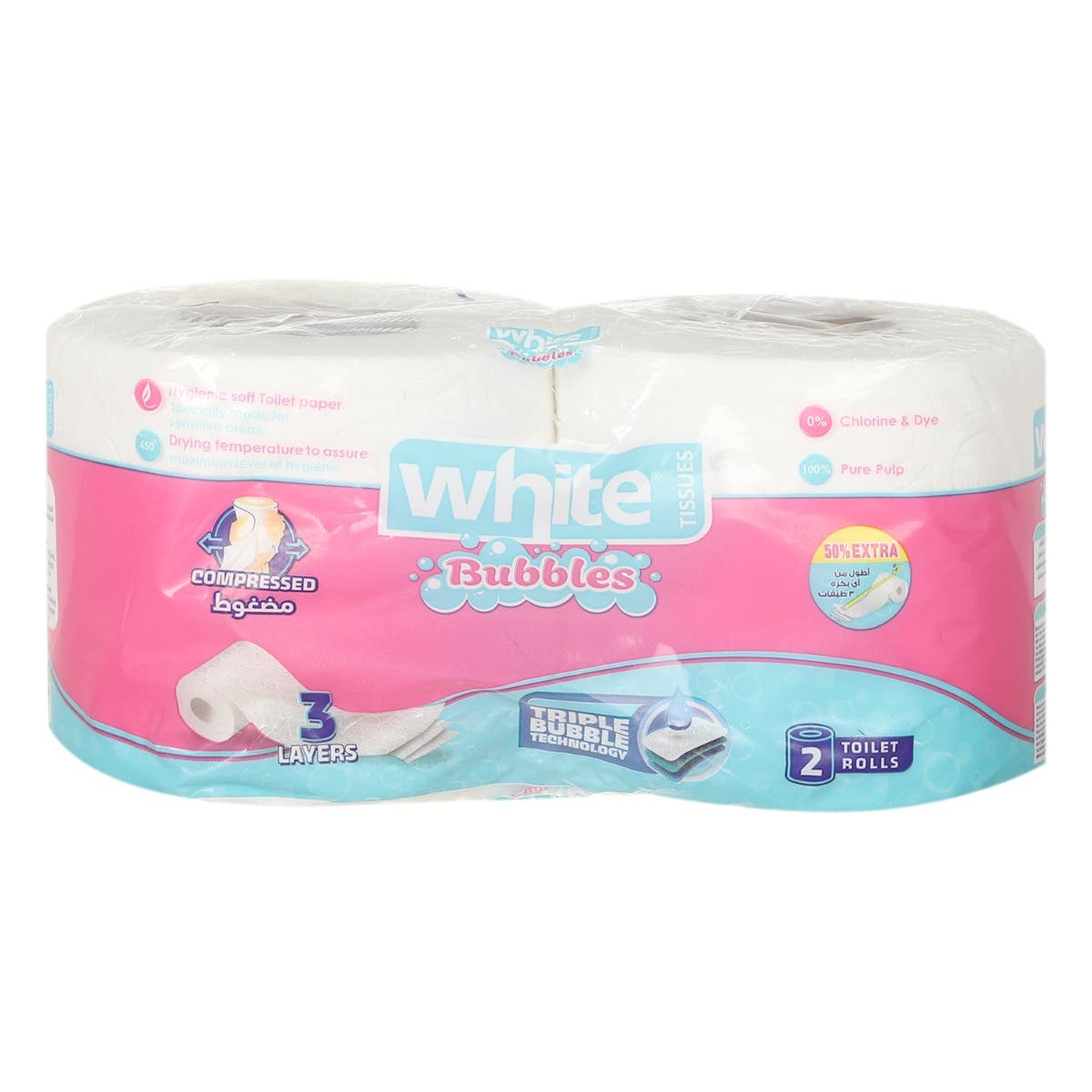 White Toilet Towels, 2 Rolls, 3 layers - White
