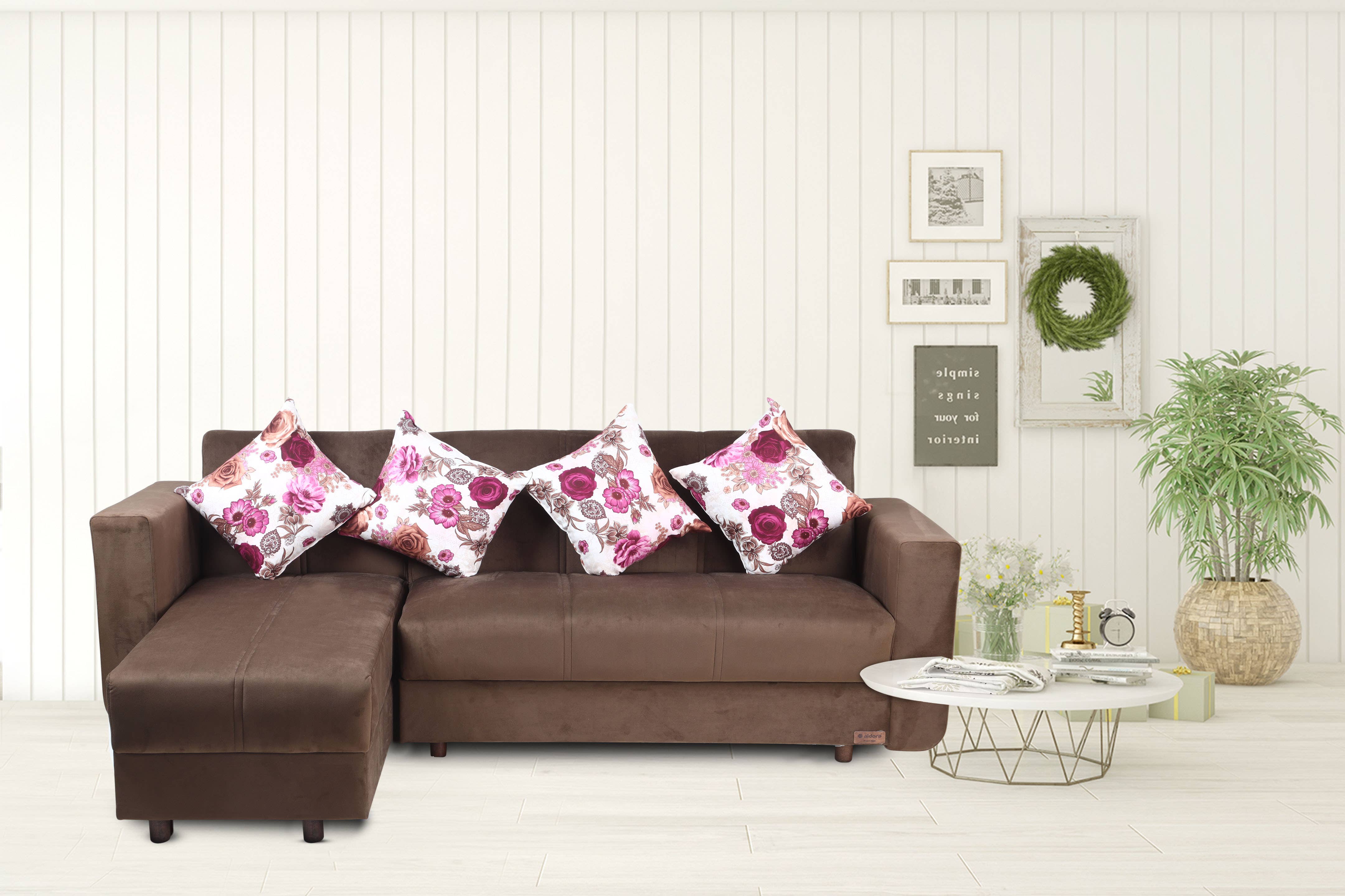 Aldora Sono L-Shape Sofa, Wood Layered Counter, Multi-Use, 2-Seat Sofa, Chaise Longue, 4 Cushions, 220×82×76 cm- Brown