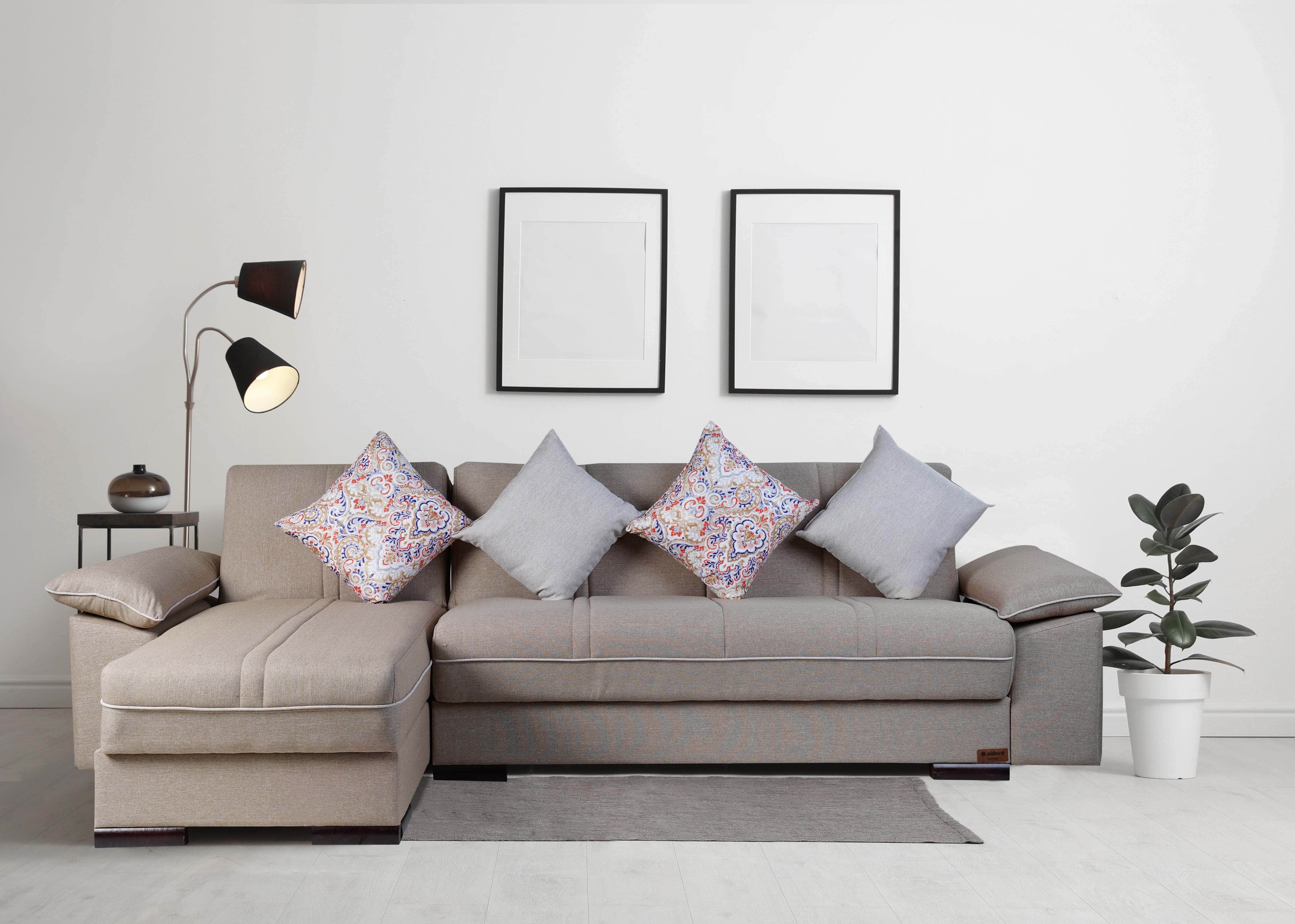 Aldora Miami L-Shaped Sofa Counter Wood, linen fabric, 2 Seats, Chaise Longue, 2 Pieces, 4 Pillows, 277×73×76 cm - Begie