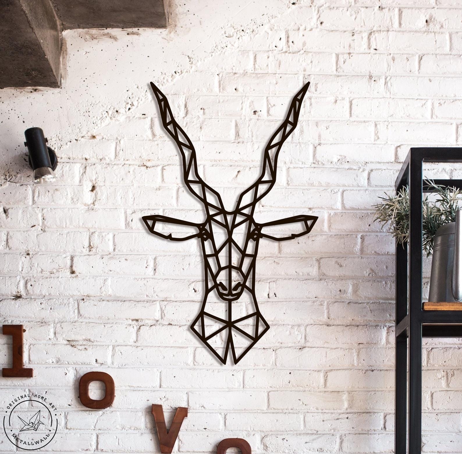MDF Geometric Gazelle Head Wall Hanging Art, 100X64X0.5 Cm - Black