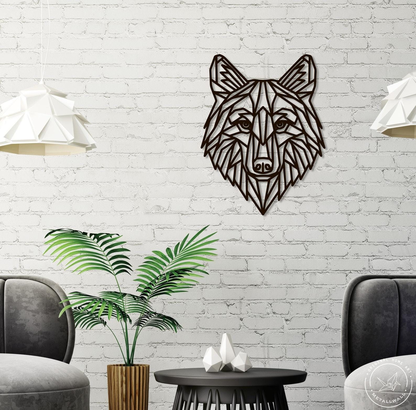 MDF Geometric Wolf Head Wall Hanging Art, 120X93X0.5 Cm - Black