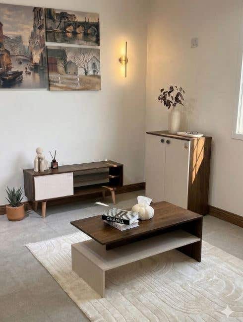 TV stand, coffee table, and shoe rack set, 3 pieces, MDF - brown beige