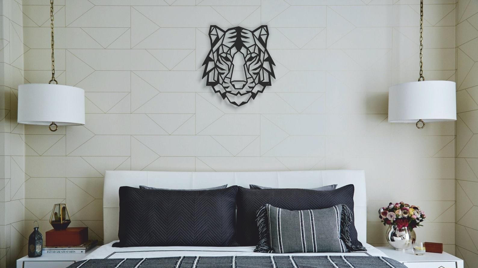 MDF Tiger Head Wall Hanging Art, 80X80X0.5 Cm - Black
