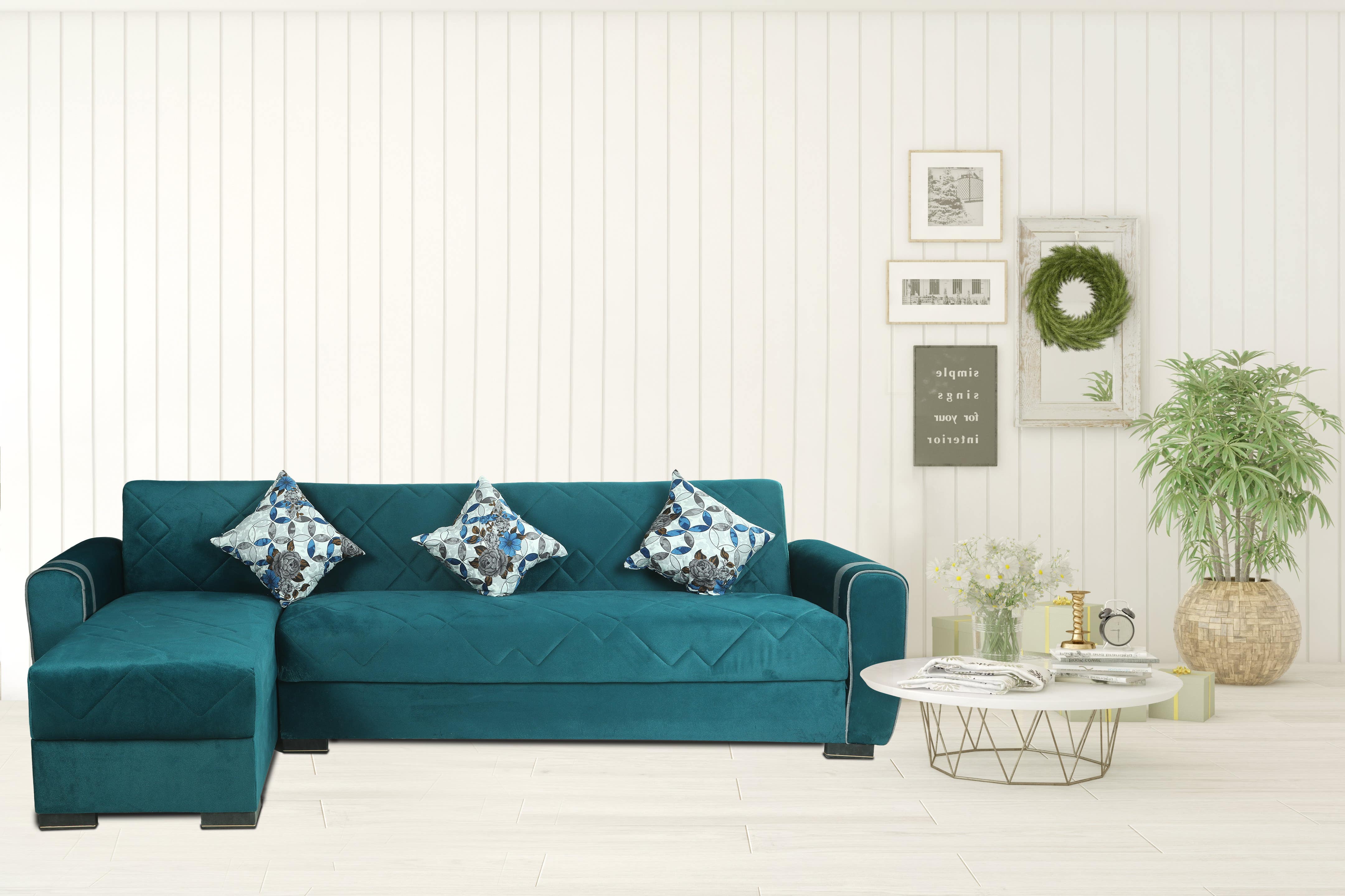 Musky & Beech Wood L-Shaped Corner Sofa Bed, 2 Pieces, 3 Cushions, 276x136x81 cm - Petrol