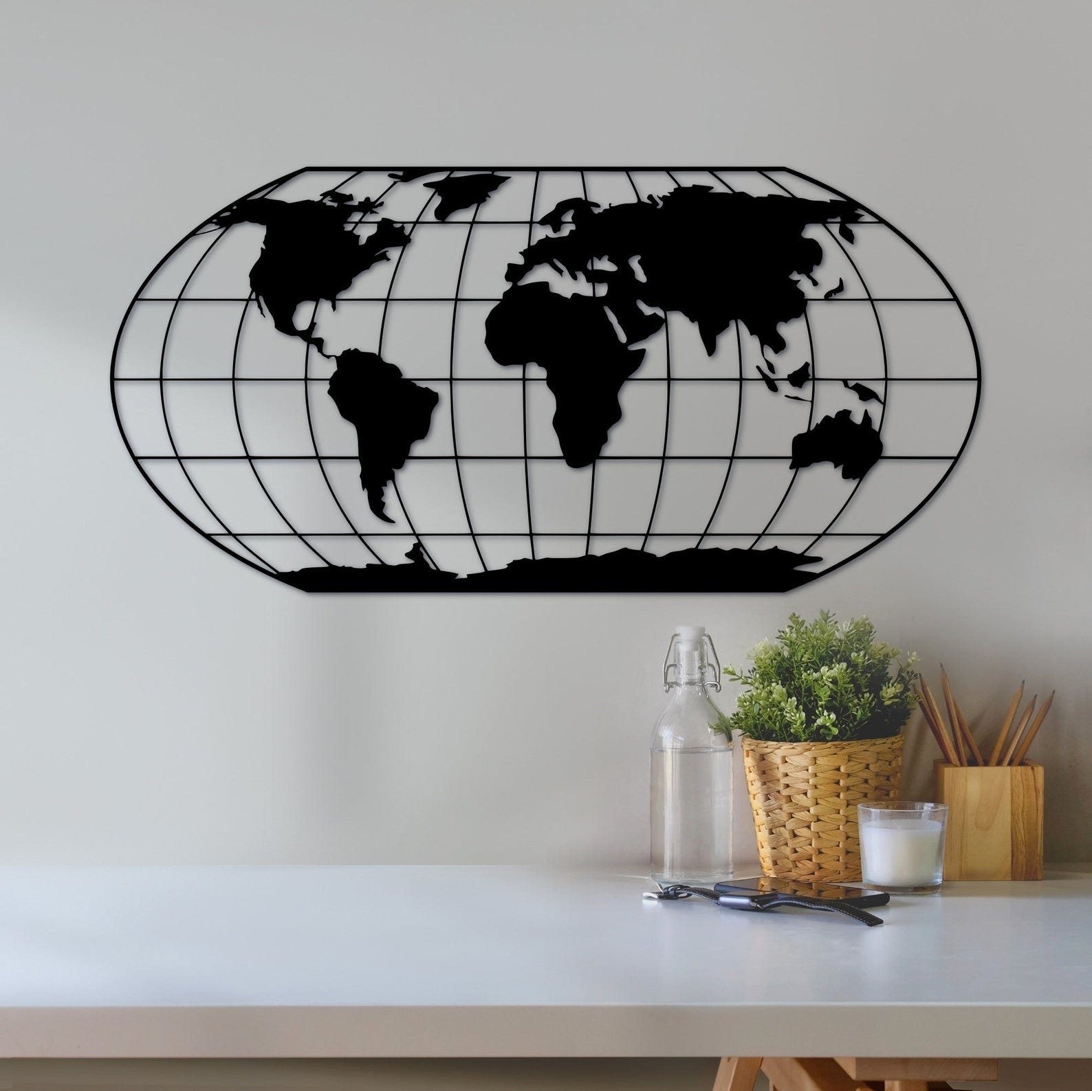 MDF World Map Wall Hanging Art, 130X65X0.5 Cm - Black