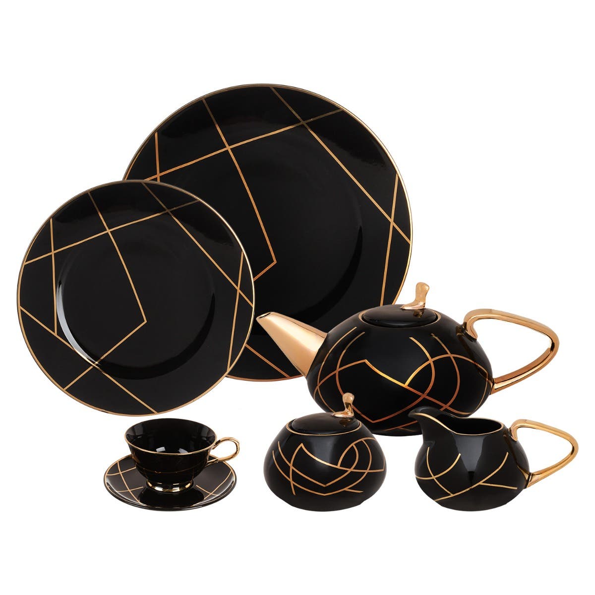 Lotus Dream Porcelain Tea and Cake Set, 24 Pieces - Black Gold