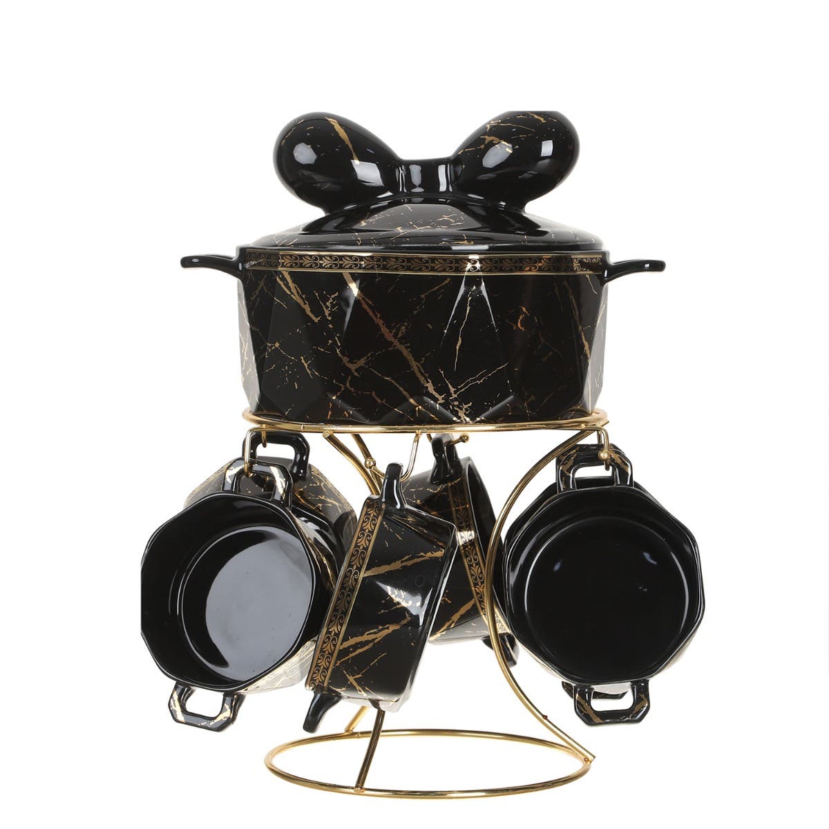 Lotus Dream Porcelain Soup Bowl Set, 7 Pieces - Gold Black