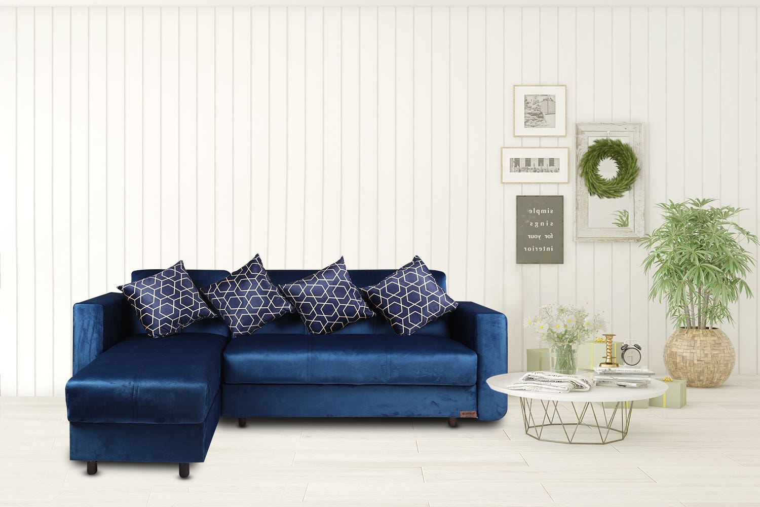 Aldora Sono L-Shape Sofa, Wood Layered Counter, Multi-Use, 2-Seat Sofa, Chaise Longue, 4 Pillows, 220×82×76 cm - Navy Blue