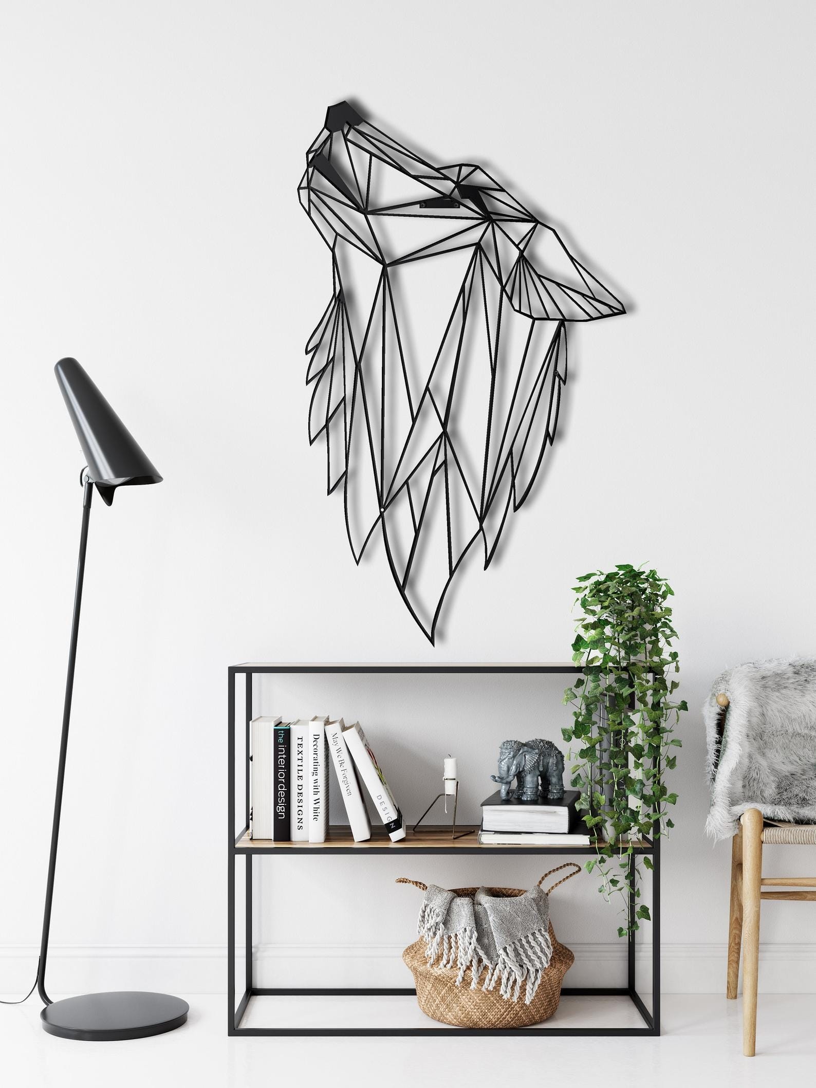 MDF Geometric Wolf Head Wall Hanging Art, 100X61X0.5 Cm - Black