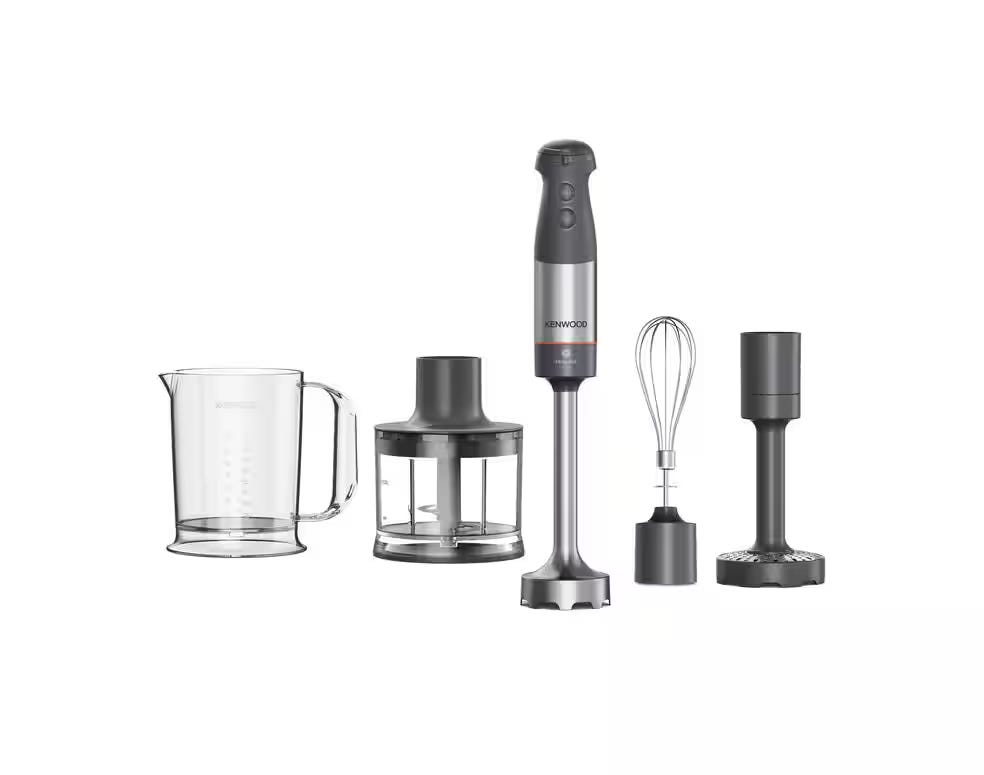 Kenwood HBM60.307GY Stainless Steel Hand Blender Set, 1000 Watt, 2 Speeds, with Egg Beater, 750 ml Bowl, 0.5L Chopper, Potato Masher - Silver Grey