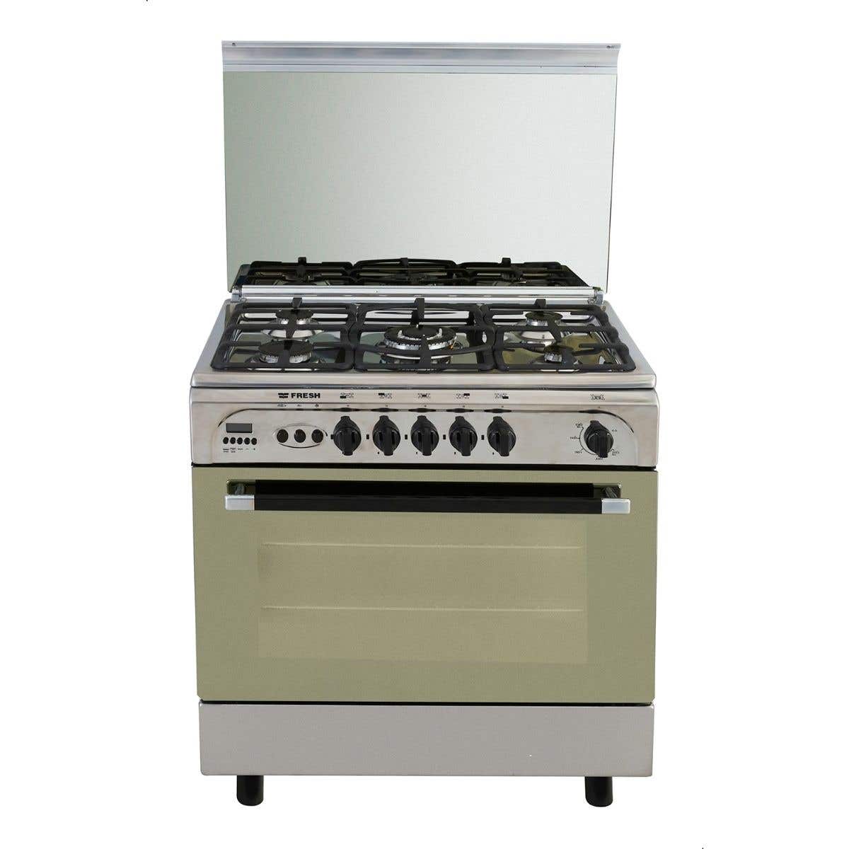 Moderno Fresh Cooker, 5 Gas Burners, 80 x 55 cm, Full Stainless, Full Safety, Fan, Back Stand, Moderno 7530 - Silver