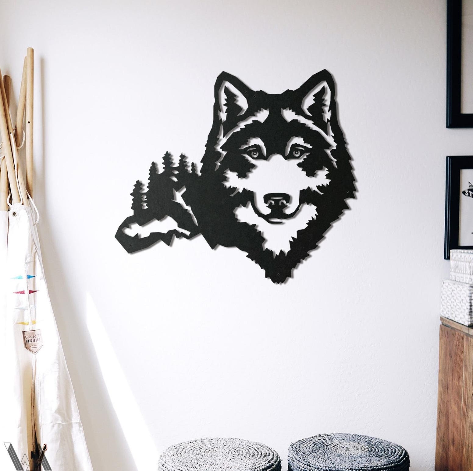 MDF Wolf Head Nature Wall Hanging Art, 100X90X0.5 Cm - Black