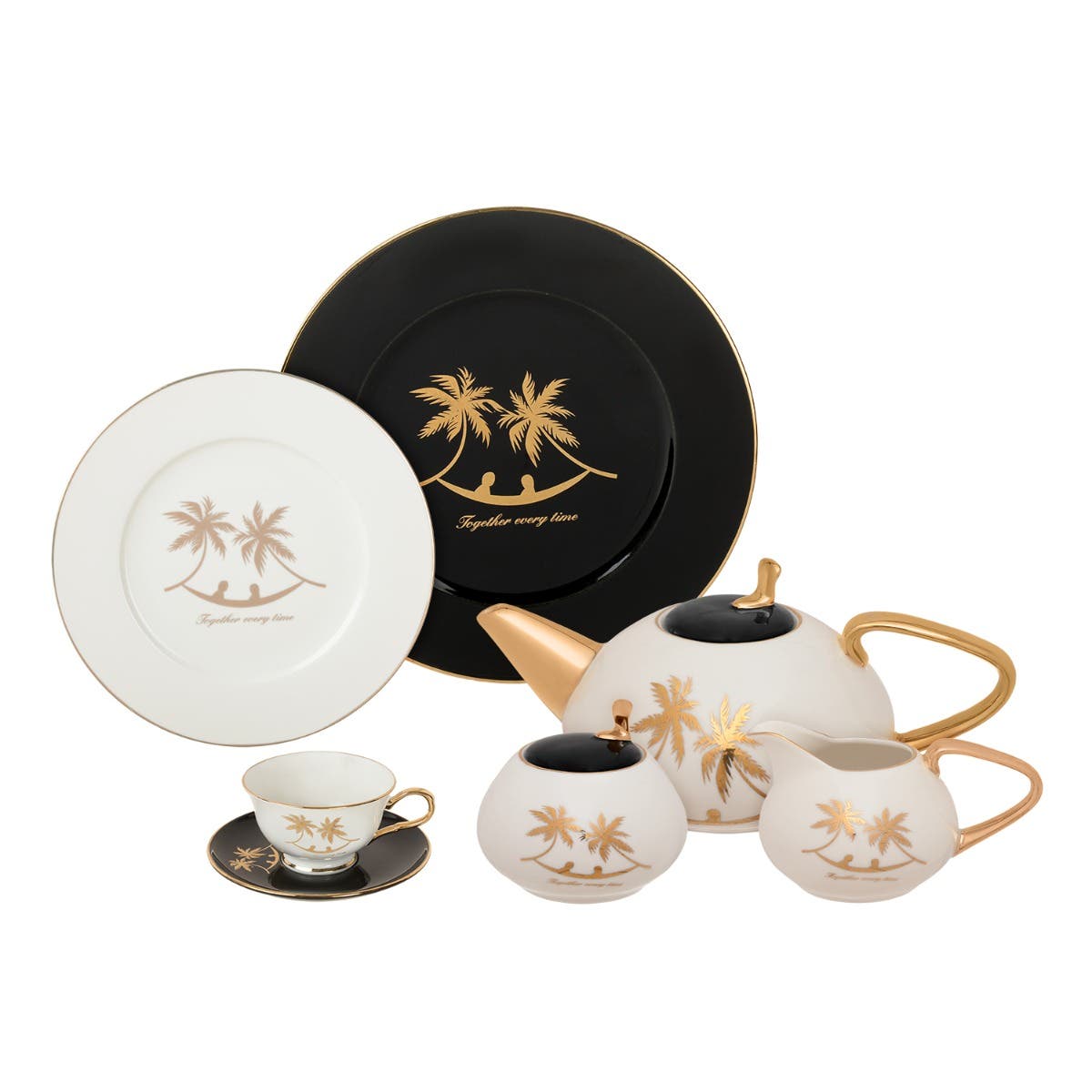 Lotus Dream Porcelain Tea and Cake Set, 24 Pieces - Black White