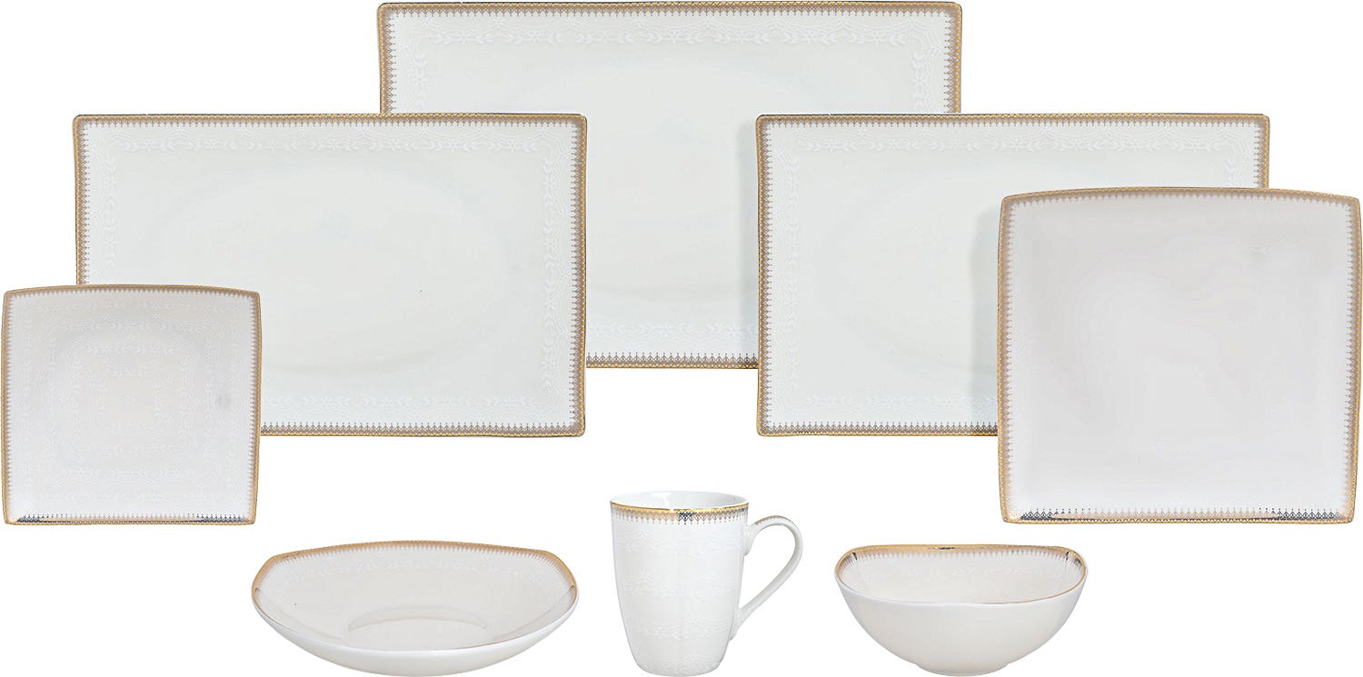 Lotus Porcelain Dinner Set, 33 Pieces - White Golden