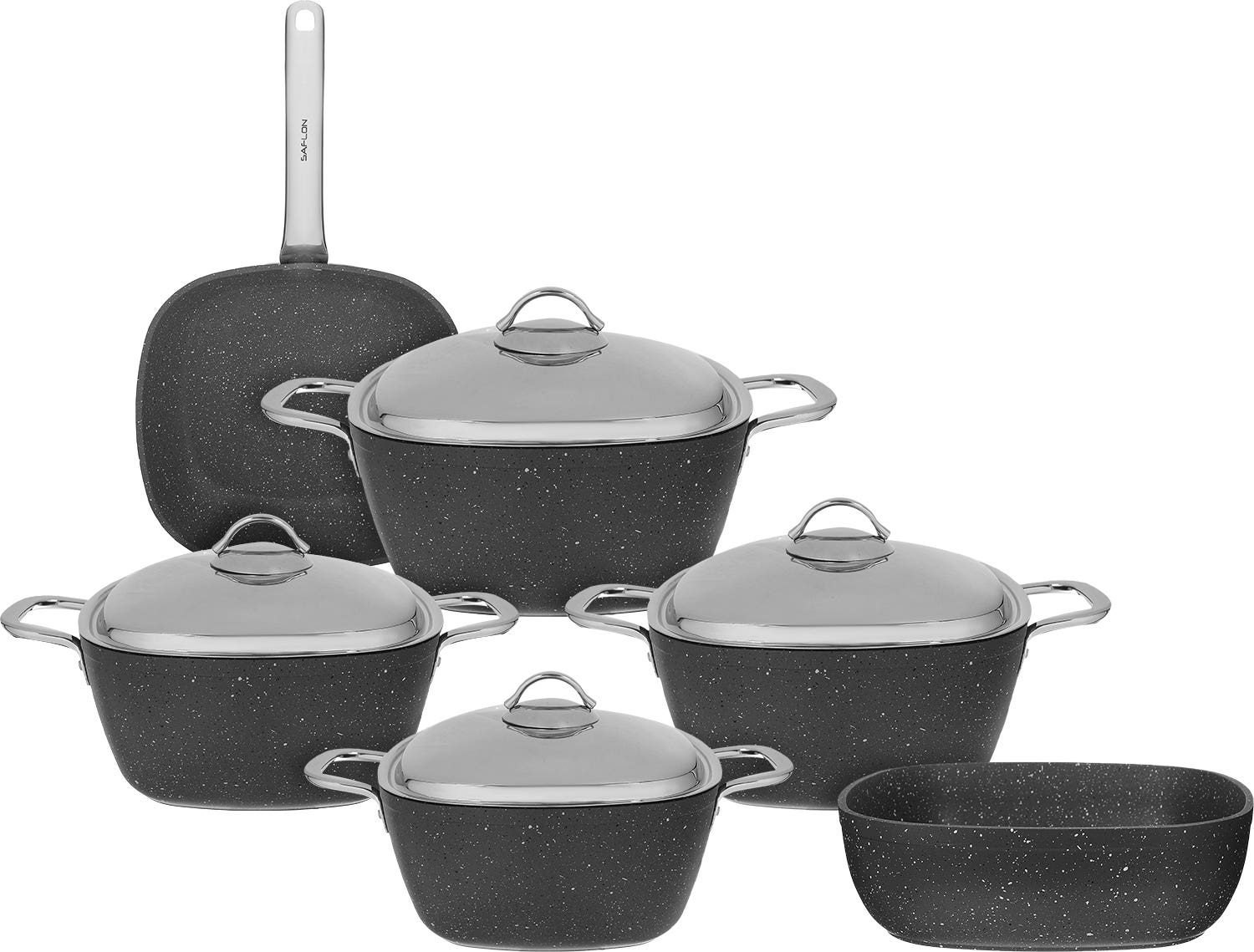 Saflon Square Turkish Granite Pot Set, Stainless Steel Handles, 10 Pieces - Grey
