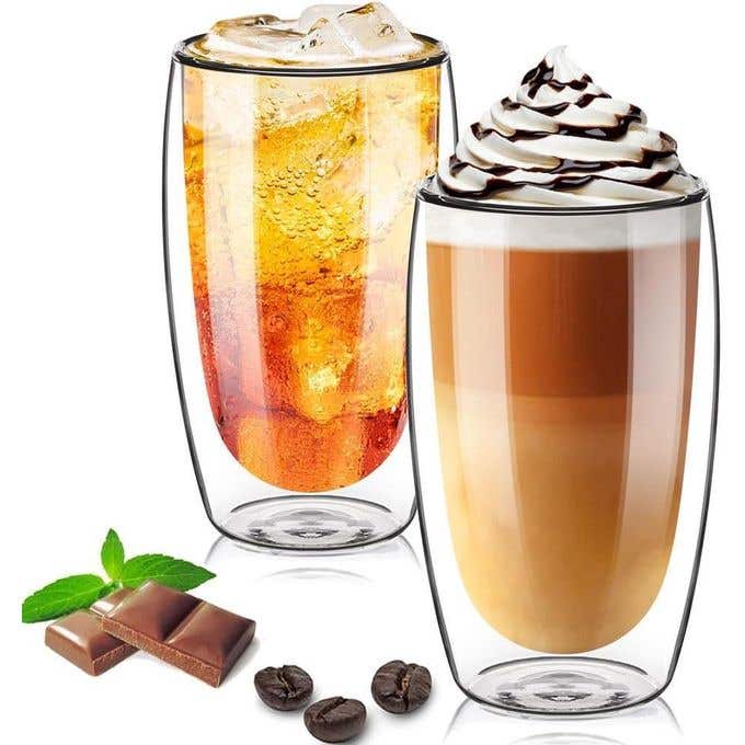 2 Glass Coffee Mugs, Double Wall, 450ml - Clear